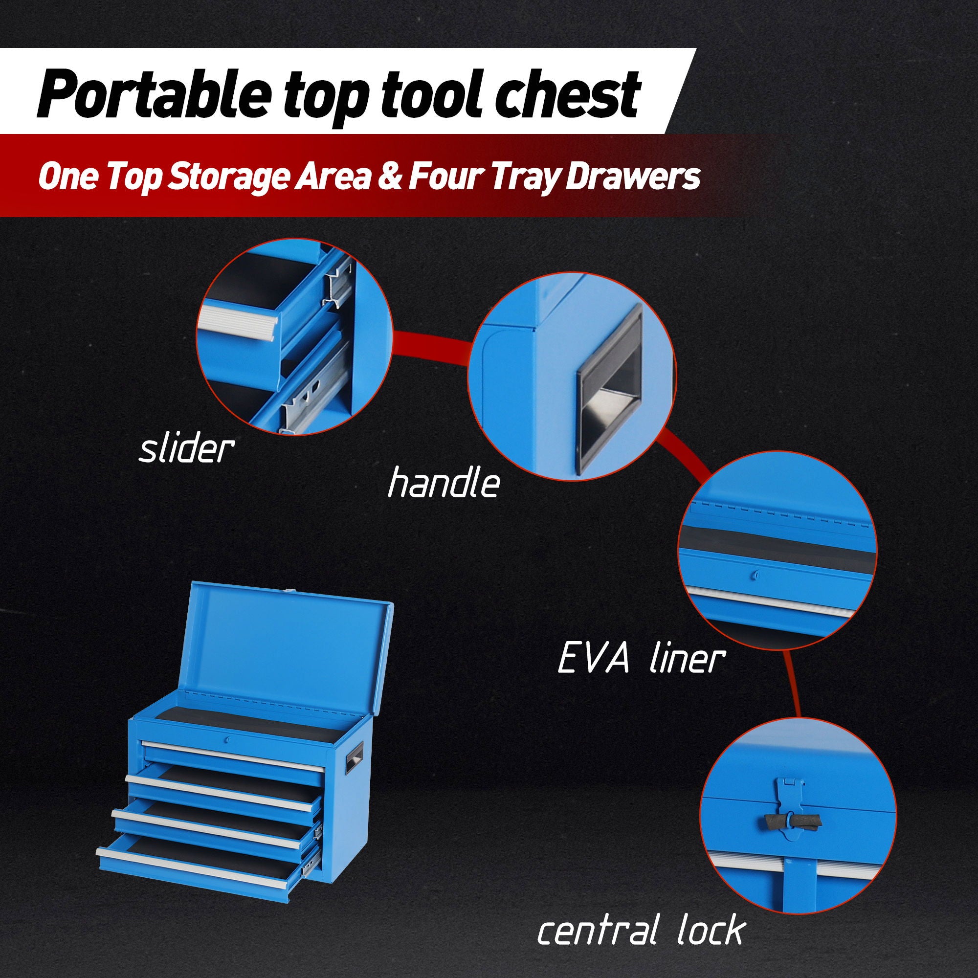 Tool Chest, 5 Drawer Rolling Tool Storage Cabinet With Detachable Top Tool Box, Liner, Universal Lockable Wheels, Adjustable Shelf, Locking Mechanism, Metal Tool Cart For Garage Workshop