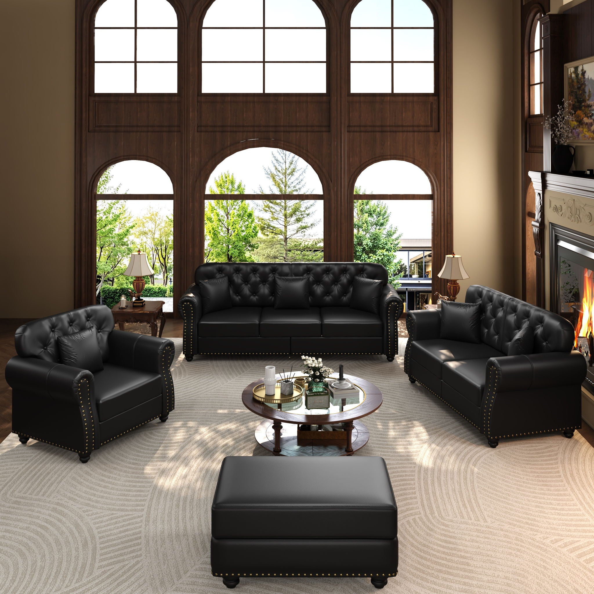 Upholstered Sofa With Nailhead Trim, Rolled Armrests With Ottoman