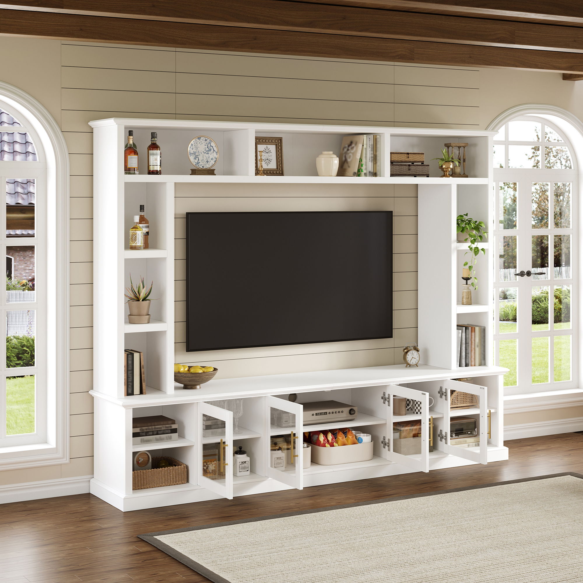 All-In-One Entertainment Center With Bookshelves & Tempered Glass Doors, TV Console Unit For Living Room