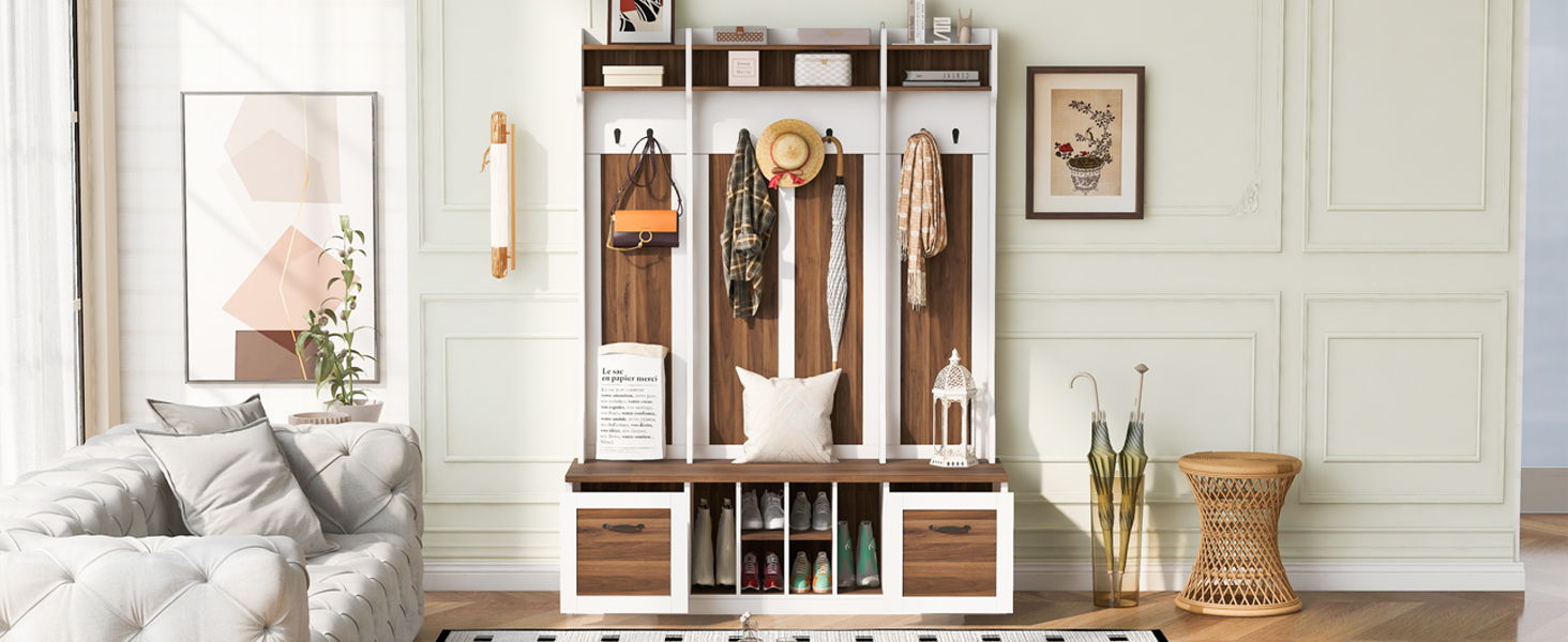 5 In 1 Entryway Bench With Coat Rack, 7 Sturdy Hooks, 2 Spacious Drawers And Adjustable Shelves