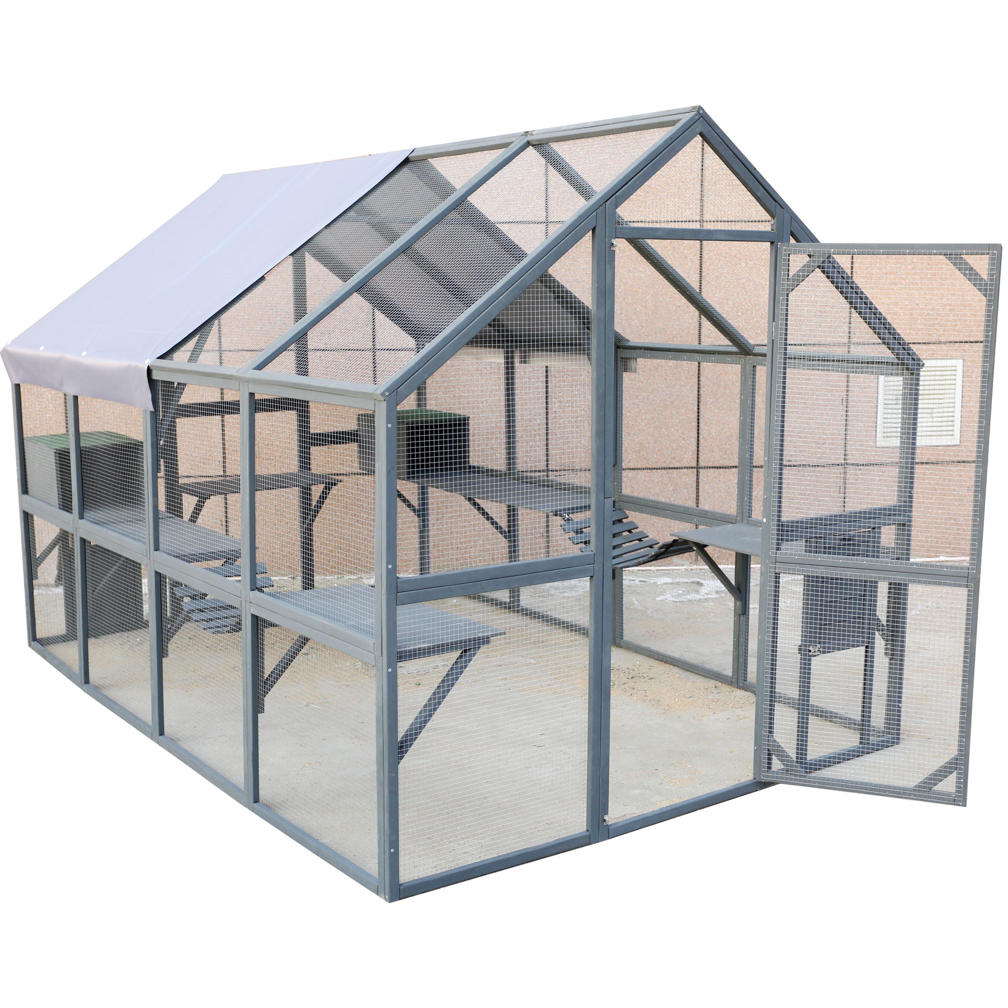 Spacious Wooden Cat Catio Outdoor Kitty House With Bridges And Roof Cover - Gray