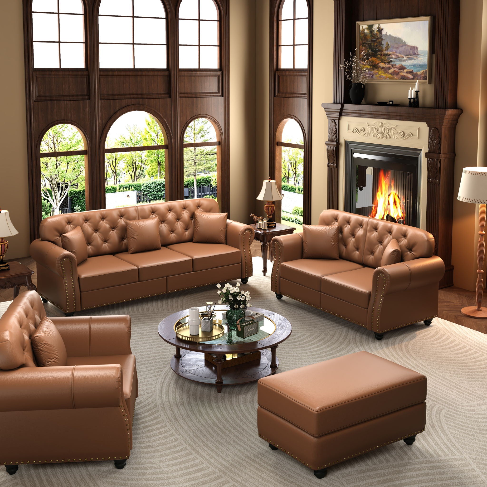 Upholstered Sofa With Nailhead Trim, Rolled Armrests With Ottoman