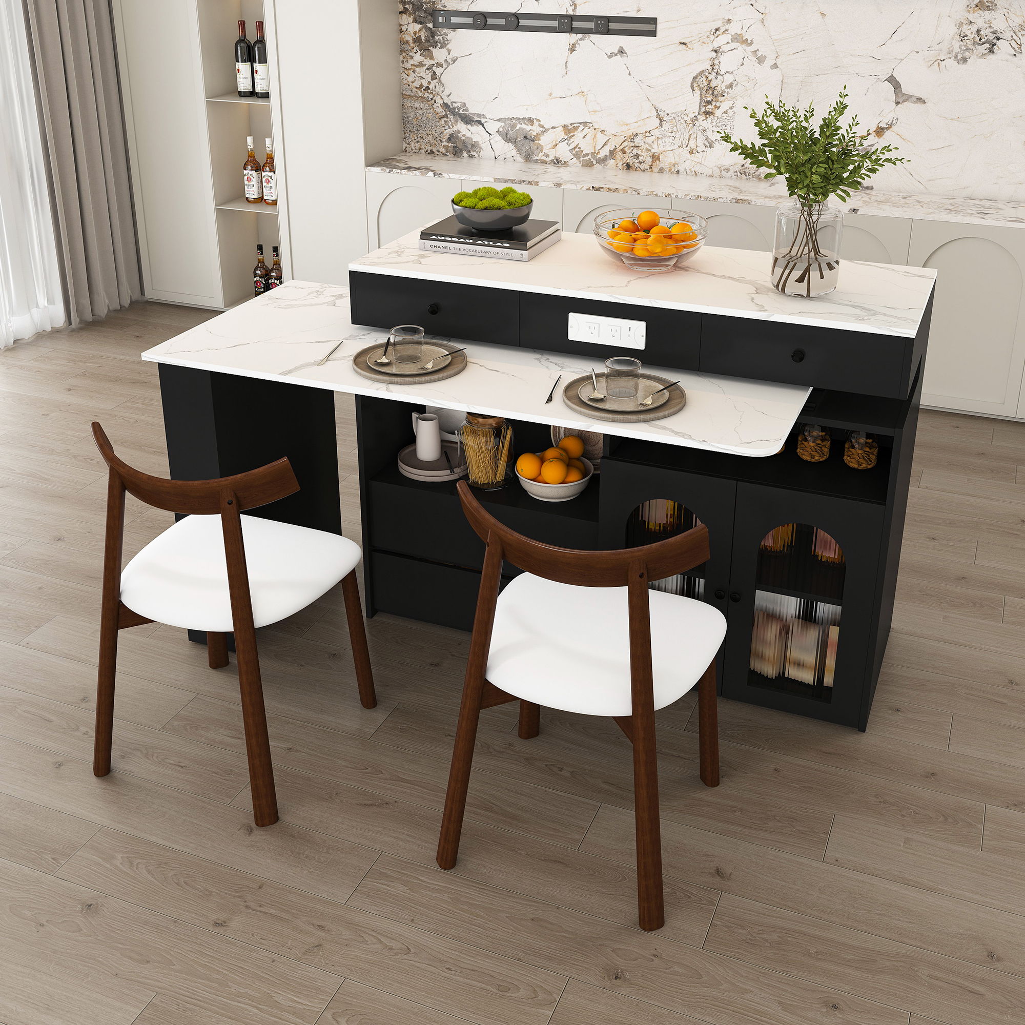 Retro Kitchen Island Set With Chairs, Extendable & Rotating Table, 4 Drawers & Door Cabinets