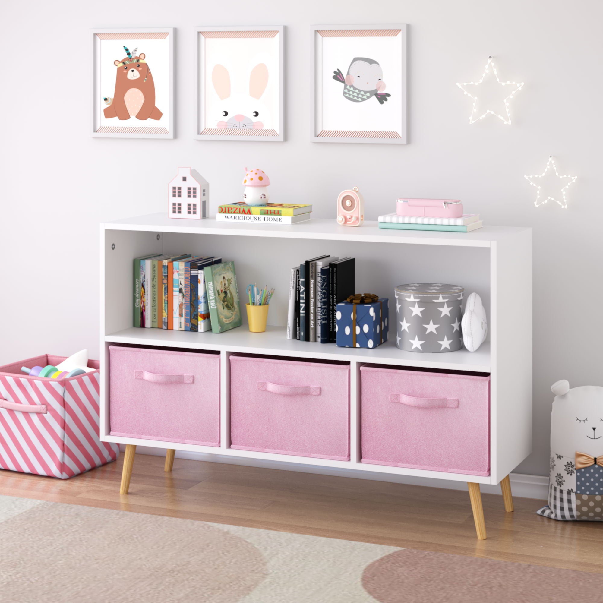 Bookcase With Collapsible Drawers, Book Display Organizer