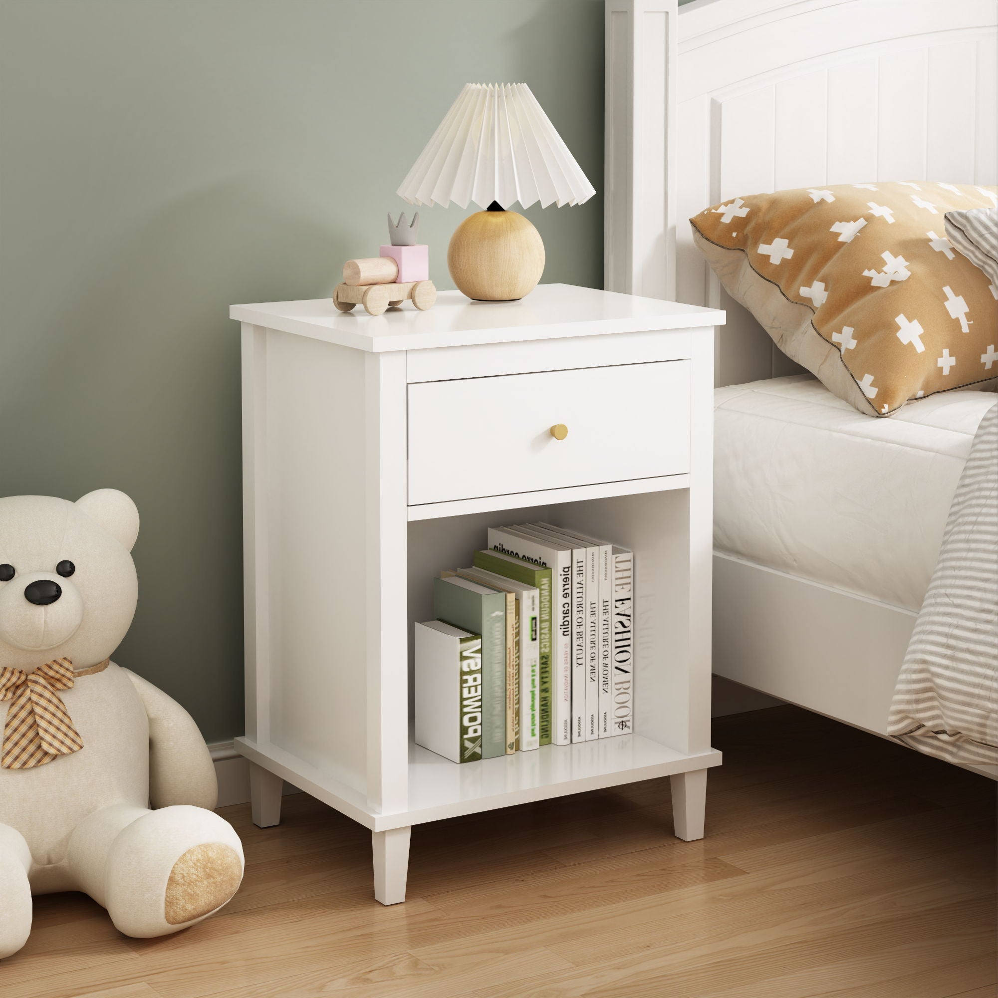 Nightstand & 1 Drawer And 1 Shelf - White