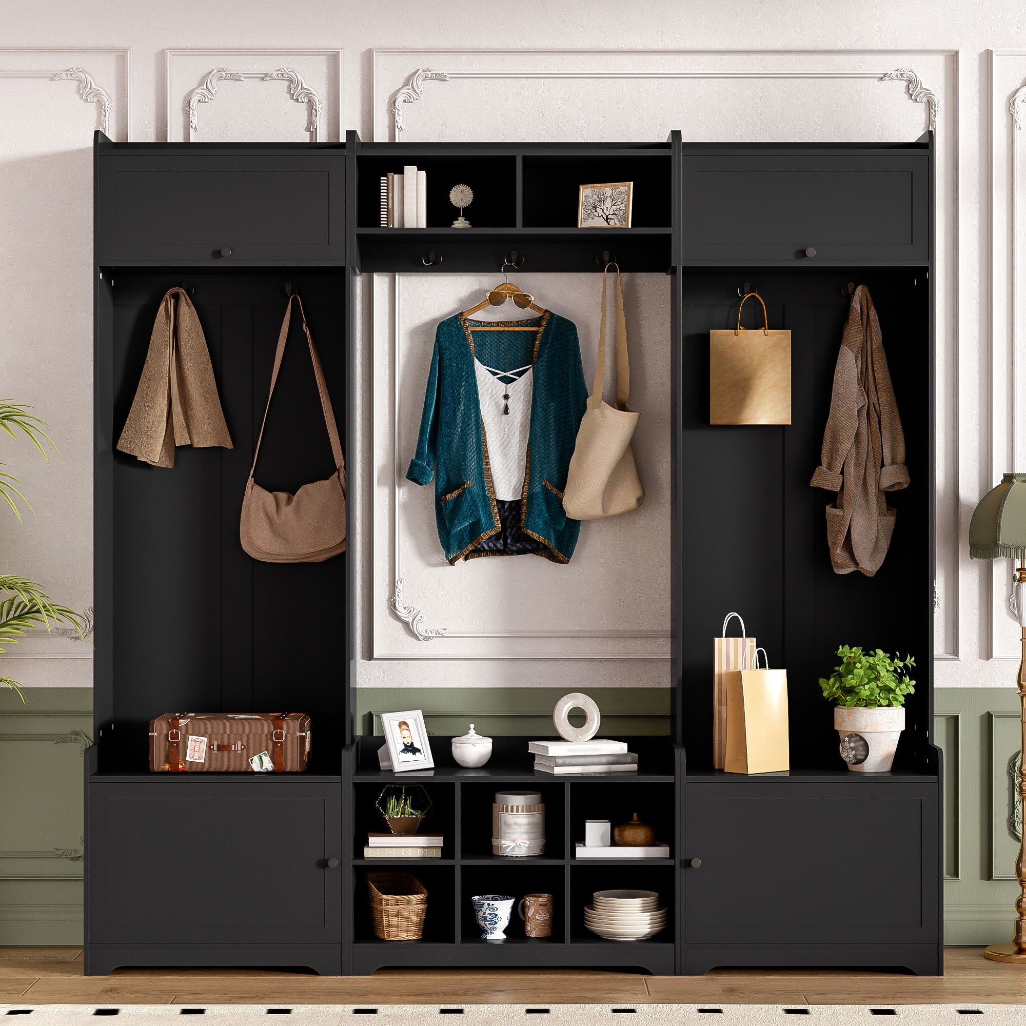Wide Hall Tree With Shoe Storage, 4 In 1 Entryway Bench With 8 Cubbies, 7 Coat Hooks & Adjustable Shelf For Hallway - Black