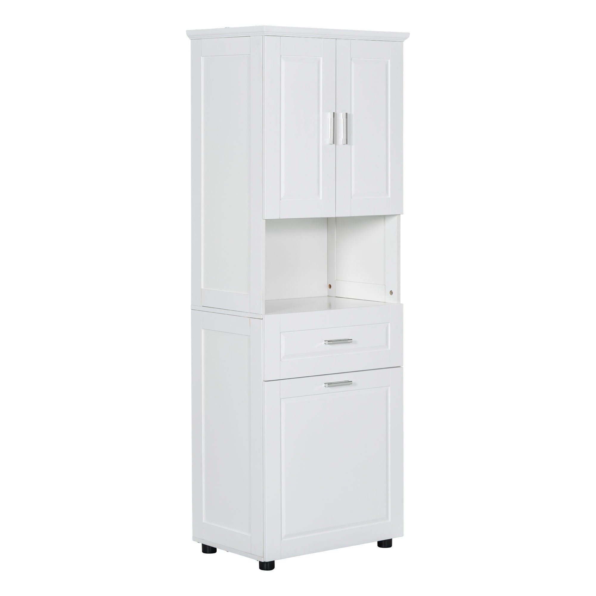 Tall Bathroom Cabinet With Tilt-Out Laundry Basket And Upper Storage