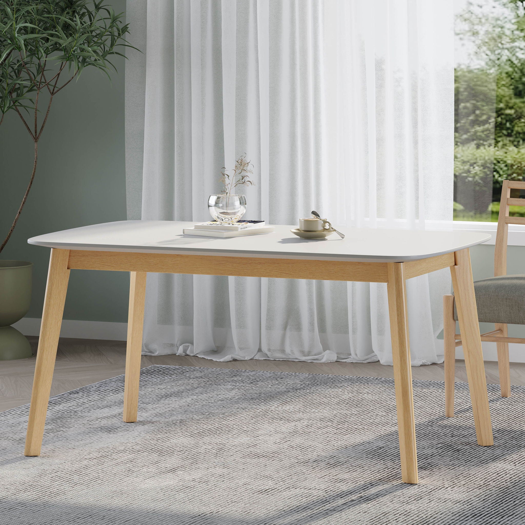 Dining Table With Splayed Rubberwood Legs & Faux Wood Tabletop, Mid Century Modern - White Oak