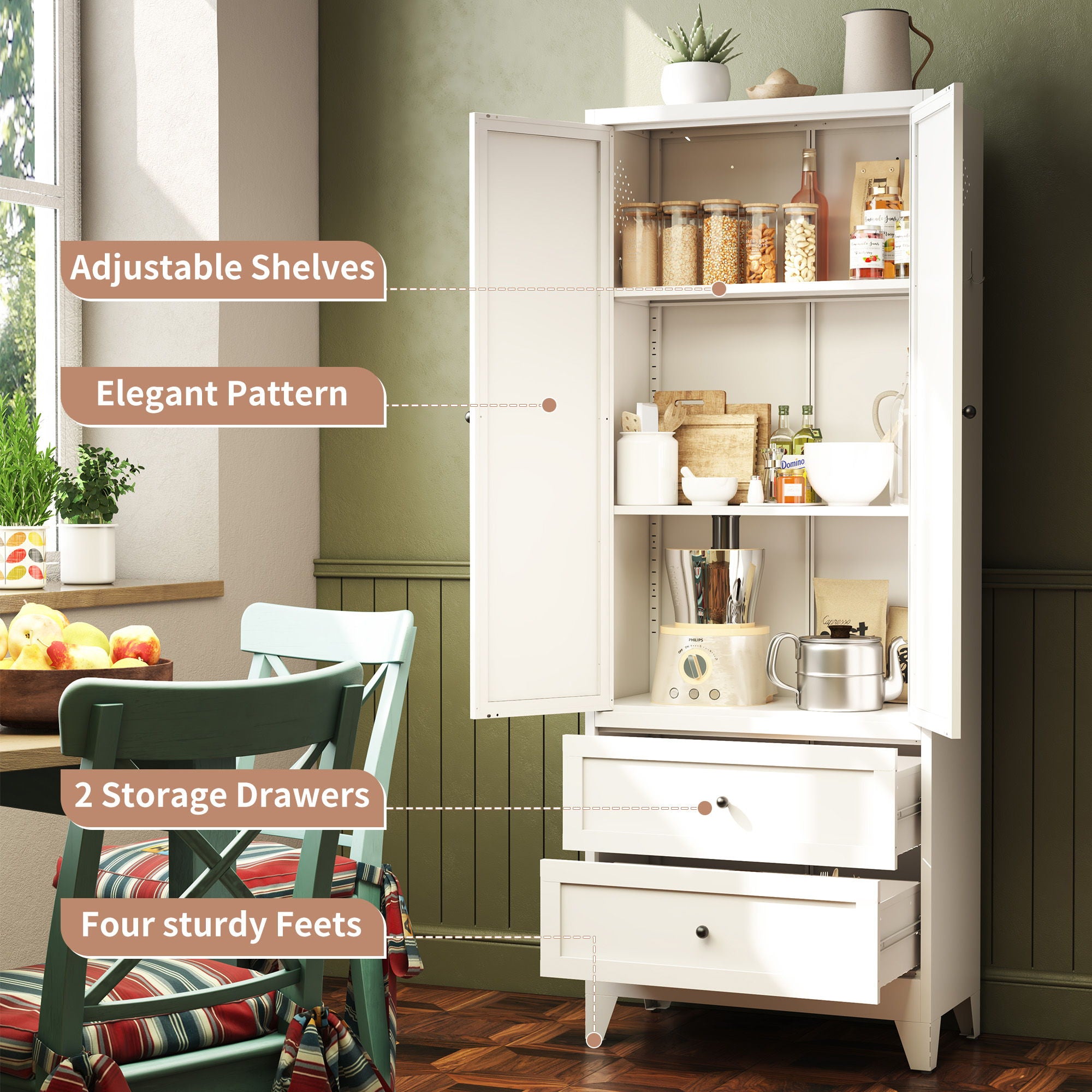 Pantry Cabinet With 2 Drawers, Freestanding Kitchen Storage Cabinet With Adjustable Shelves, Heavy-Duty Organizer For Spices, Dishware, Small Appliances - White