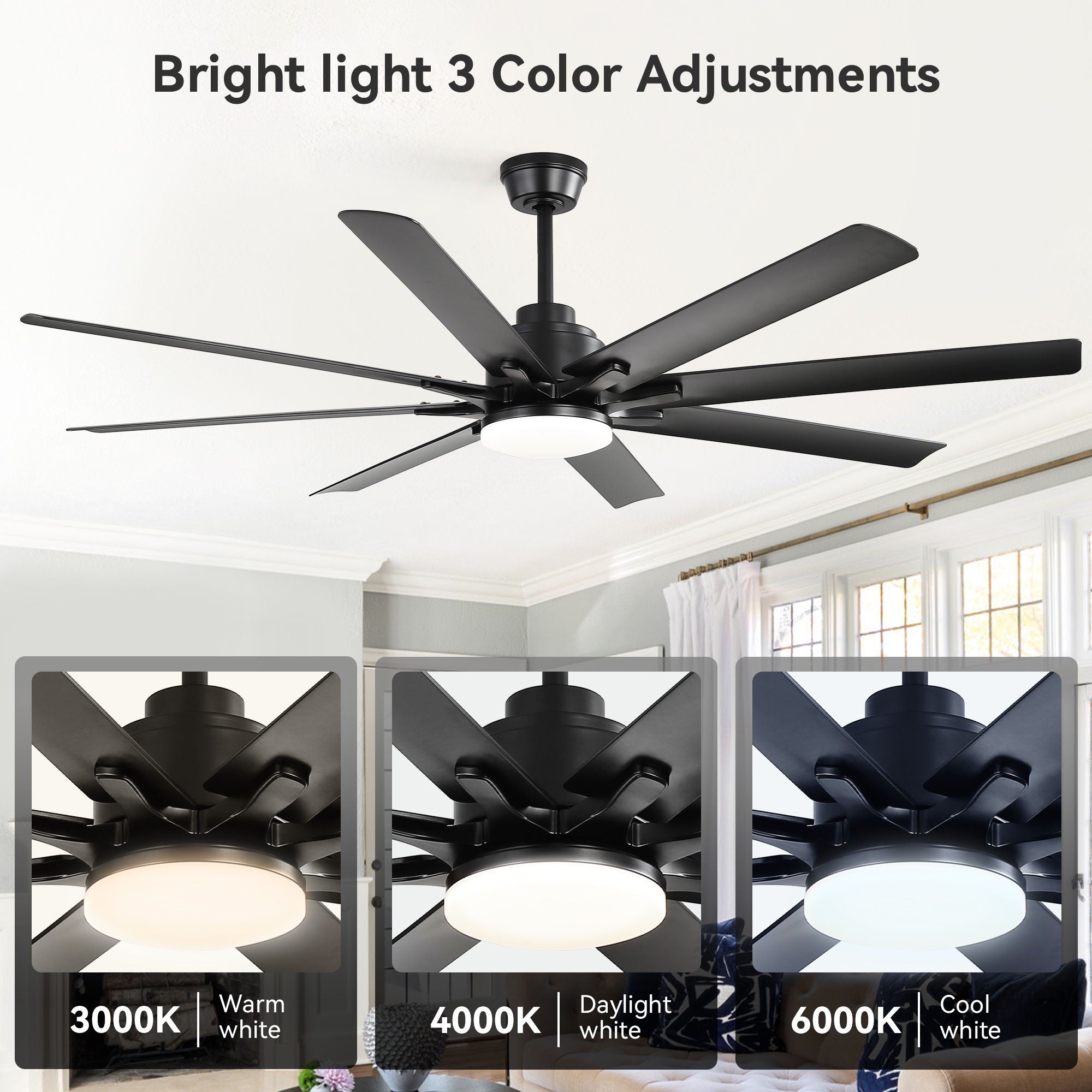 Smart Ceiling Fan With 8 Blades, Voice Remote Control, 6 Wind Speeds, Reversible DC Motor, 3 Color Lighting - Black