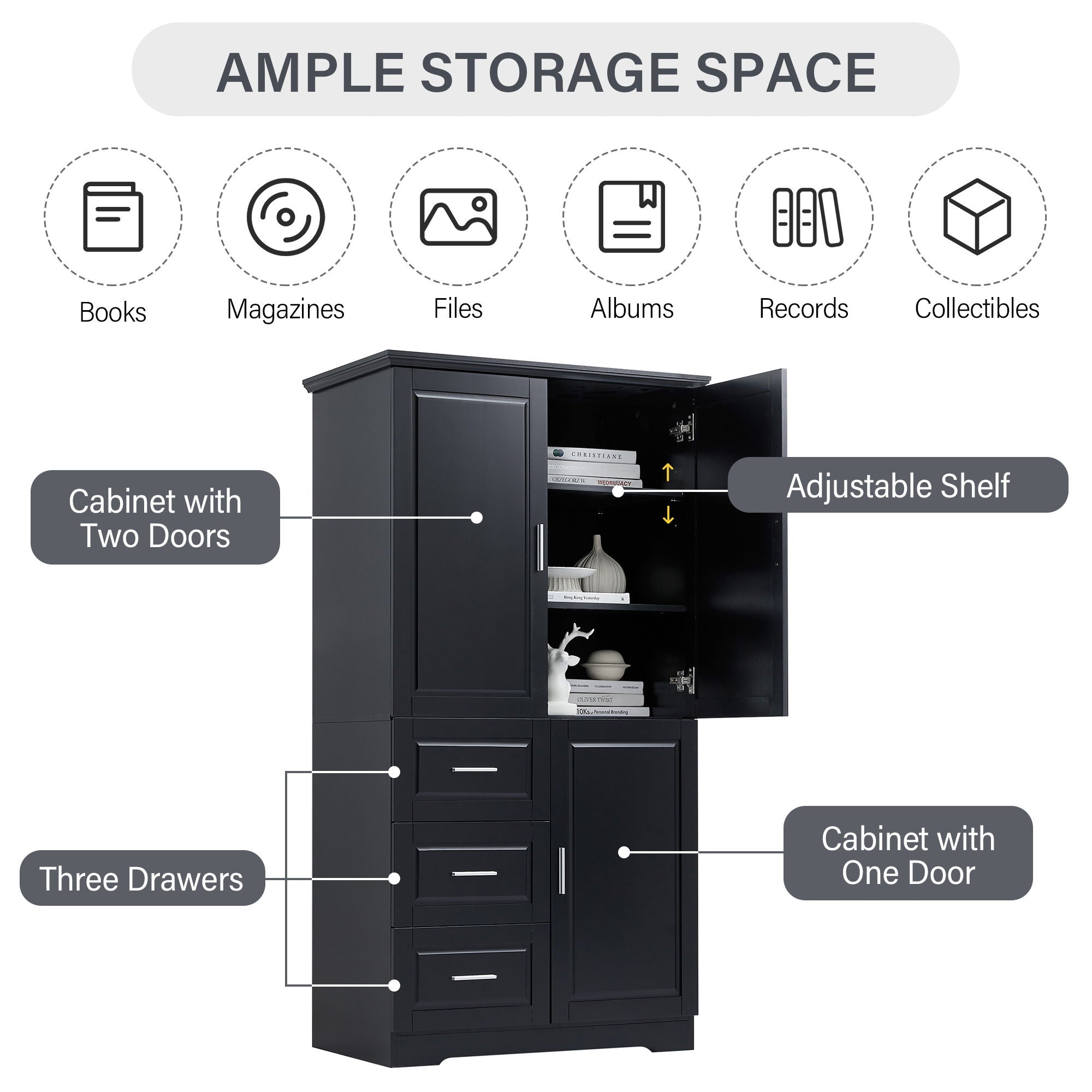 Tall Wide Storage Cabinet With Doors, 3 Drawers