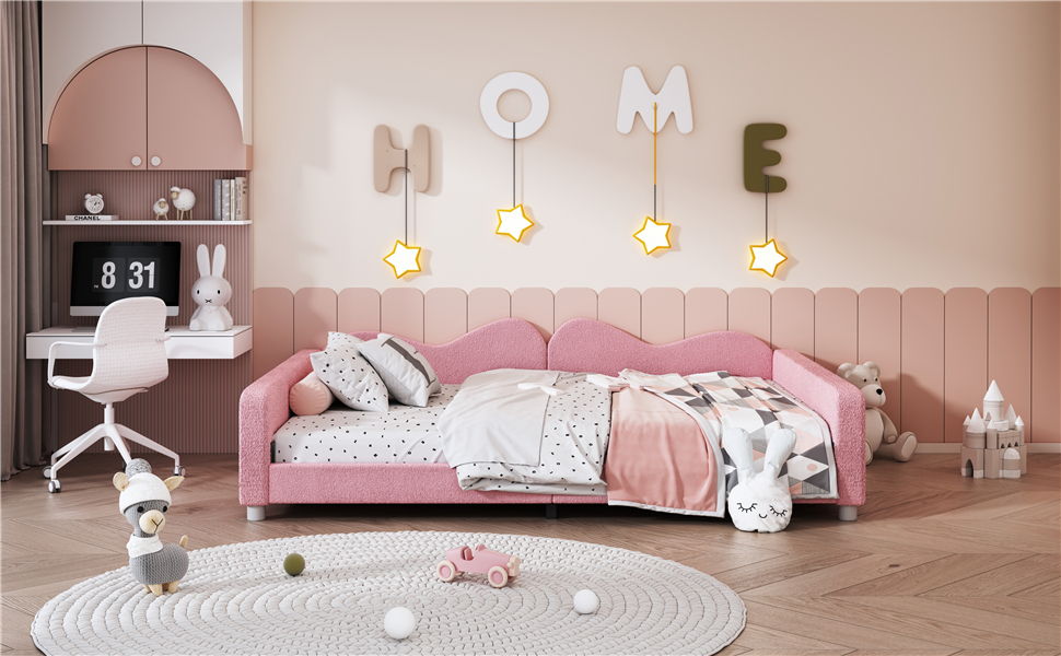 Upholstered Daybed, Sherpa Fabric Sofabed With Cloud-Shaped Backrest