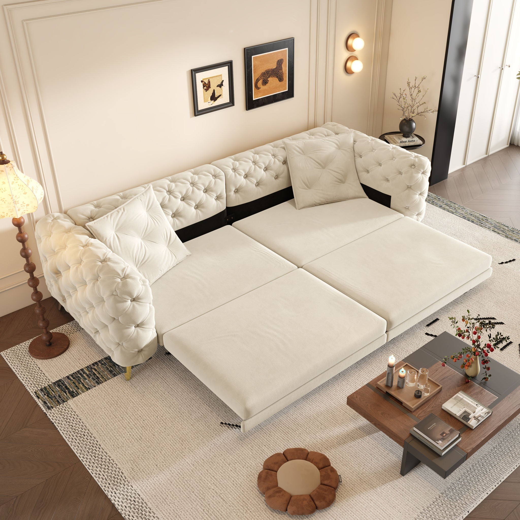 3 In 1 Convertible Sleeper, Deep Seat Pull Out Sofa Bed, Button Tufted