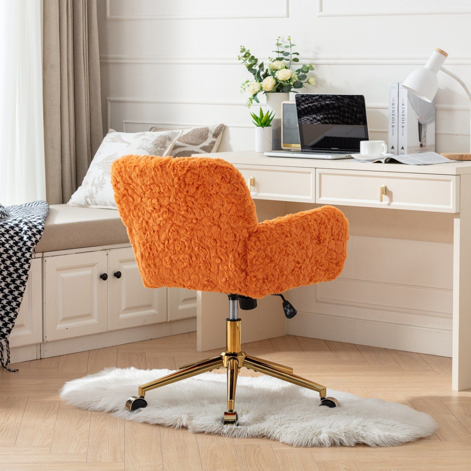 Office Chair, Artificial Rabbit Hair Home Office Chair With Metal Base, Adjustable Desk Chair Swivel Office Chair, Vanity Chair