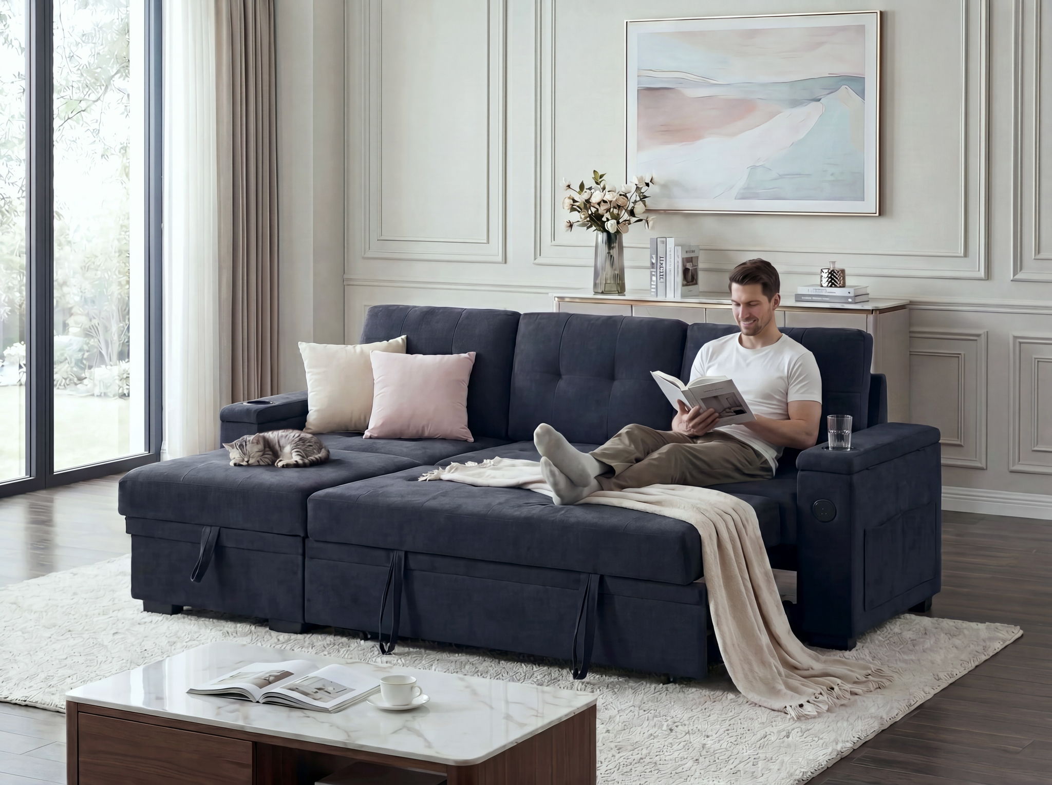Ashlyn II - 84"W Woven Fabric Reversible Sleeper Sectional Sofa with Storage Chaise
