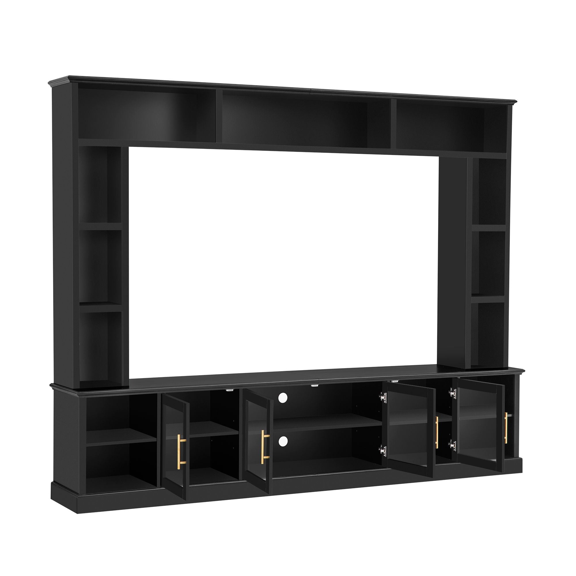 All-In-One Entertainment Center With Bookshelves & Tempered Glass Doors, TV Console Unit For Living Room