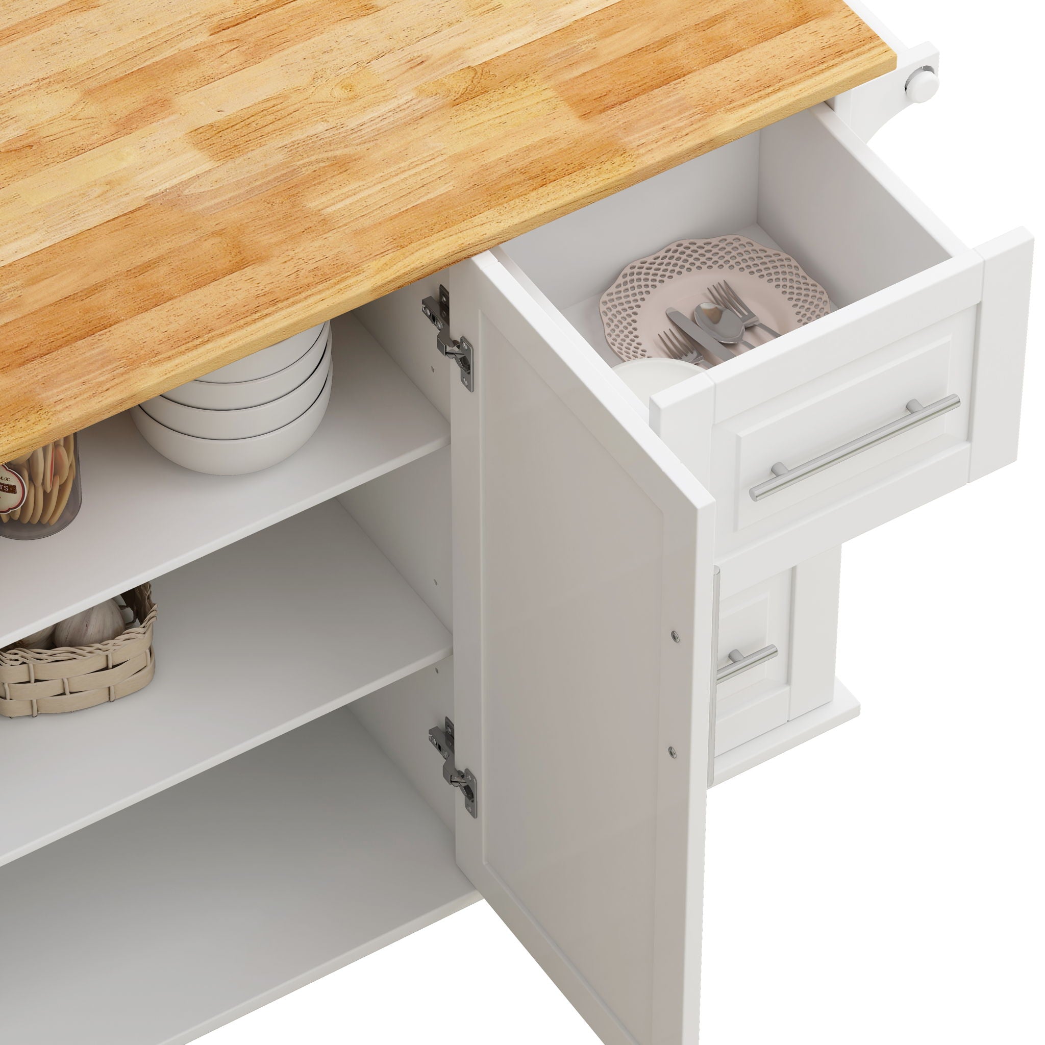 Kitchen Island Cart With 2 Door Cabinet, 3 Drawers, Spice Rack & Towel Rack - White