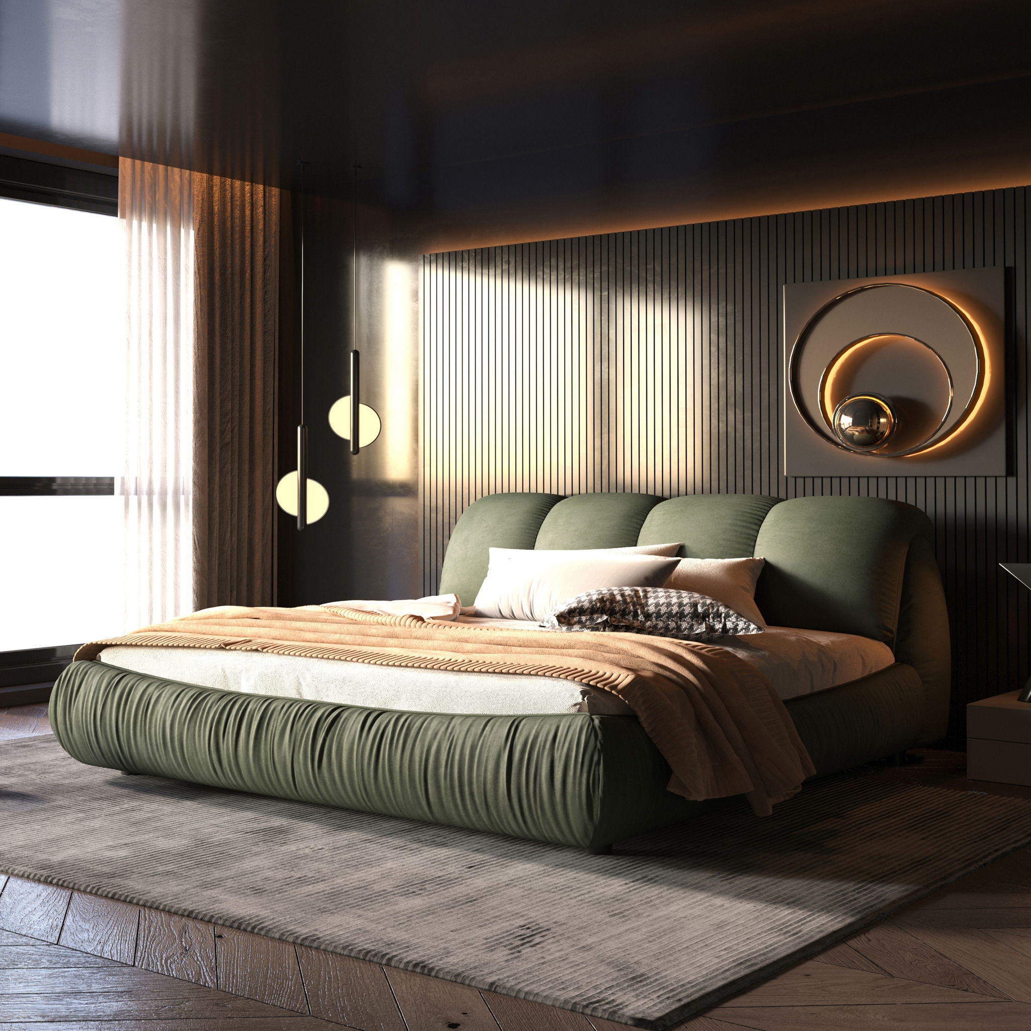 Luxury Upholstered Platform Bed With Oversized Padded Backrest And Solid Wood Frame