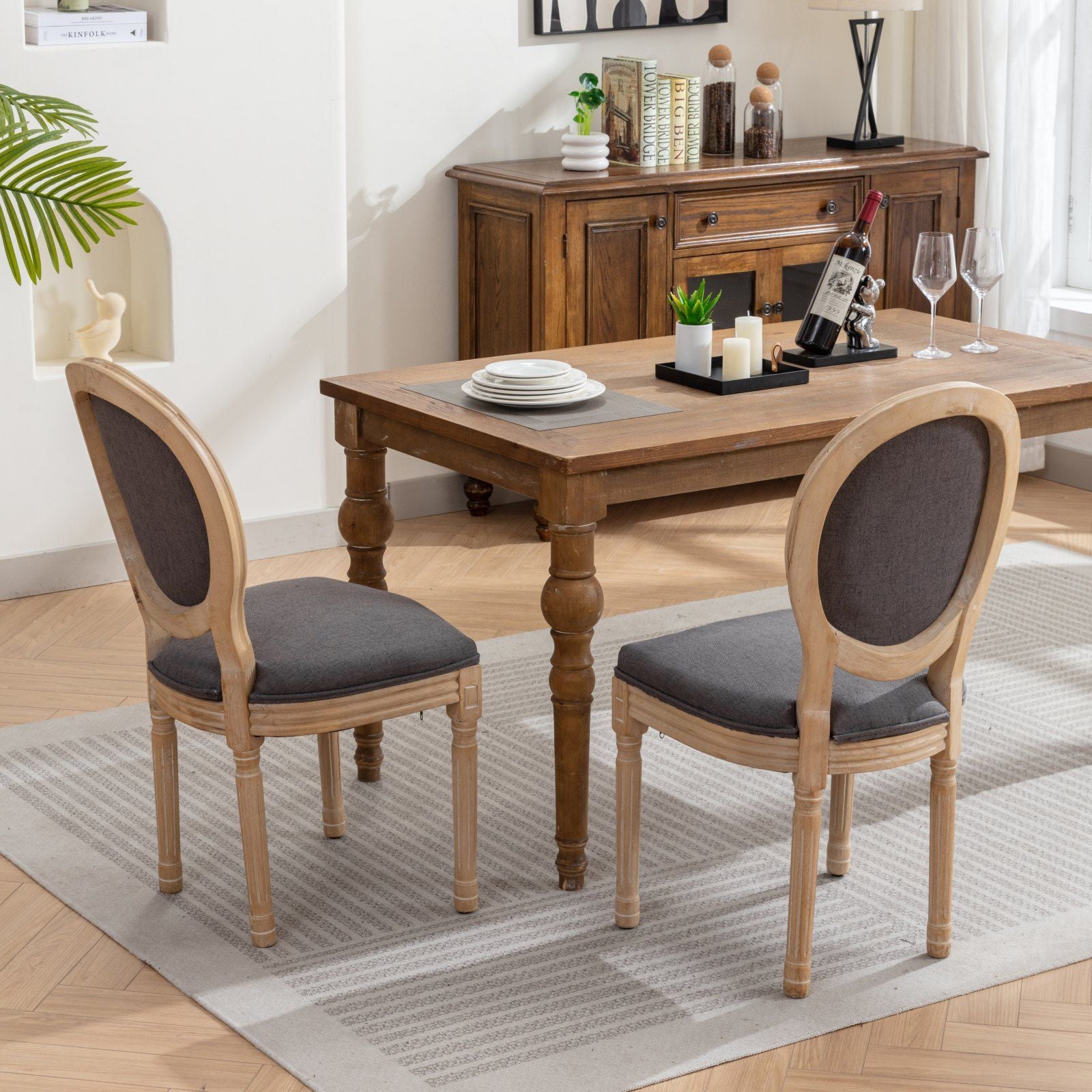 French Style Solid Wood Frame Antique Painting Fabric Back Dining Chair (Set of 2)