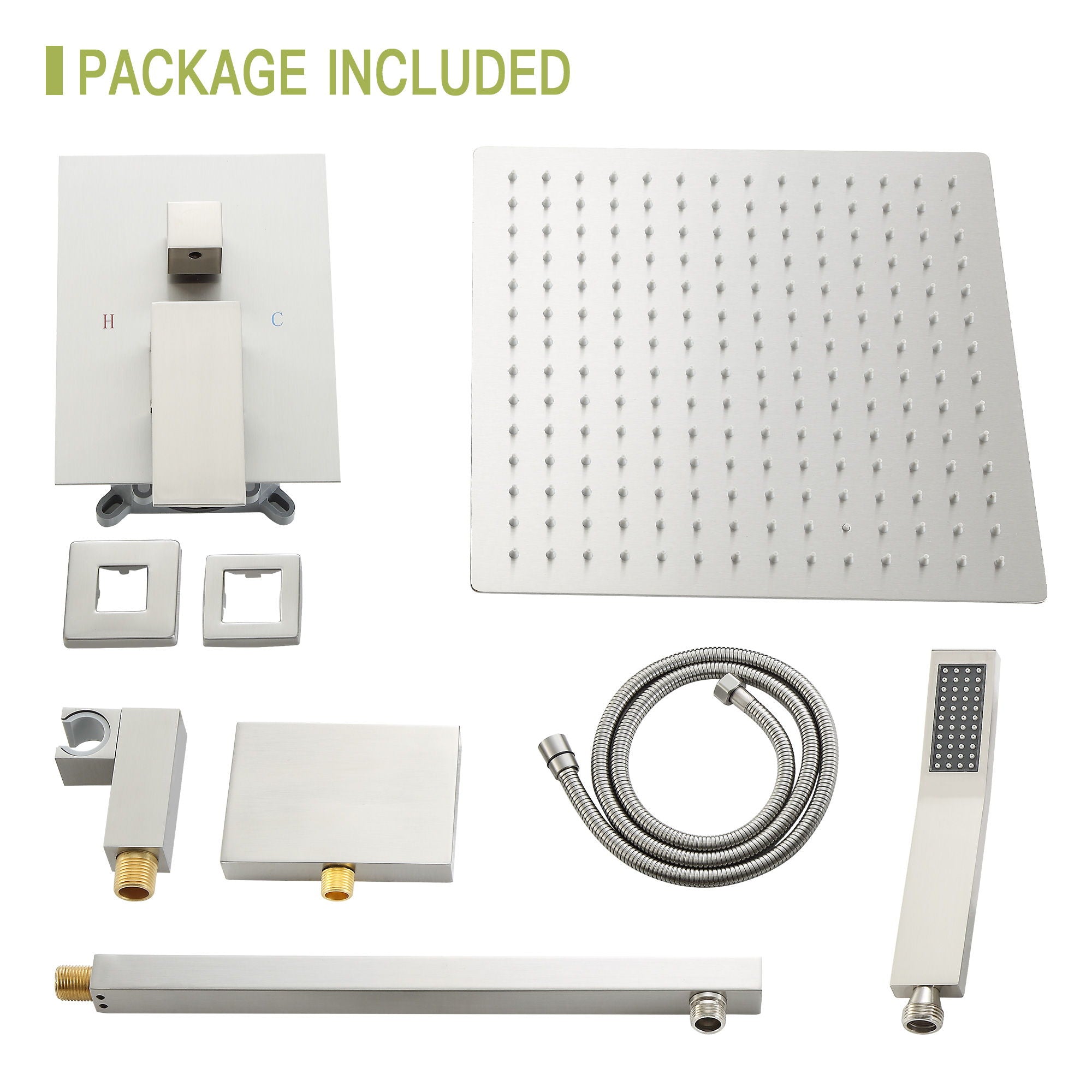 Square Shower System With Waterfall Tub Spout And Rough In Valve, Wall Mounted