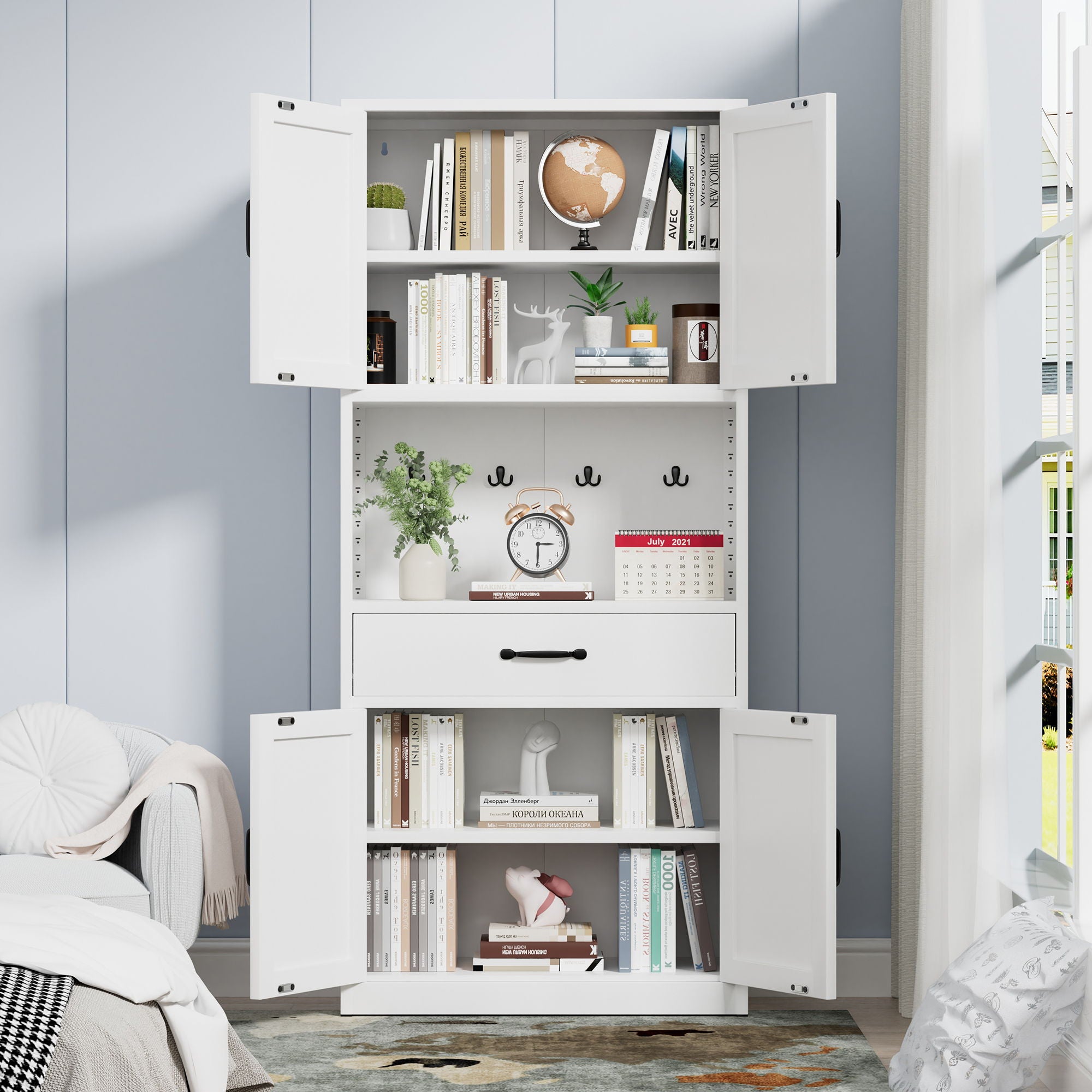 Kitchen Pantry Cabinet With Adjustable Shelves, Drawers, Hooks And Large Countertop - White