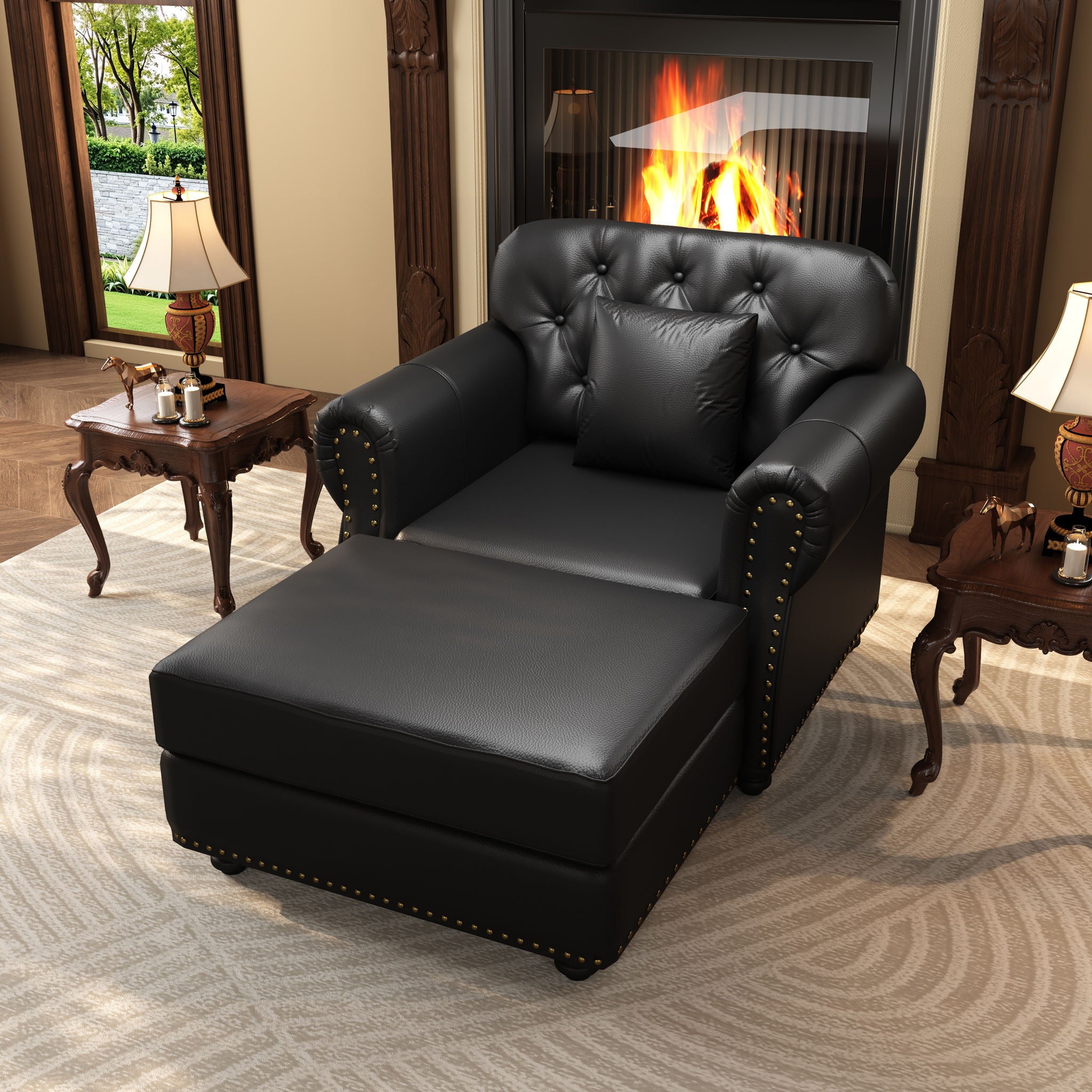 Upholstered Sofa With Nailhead Trim, Rolled Armrests With Ottoman