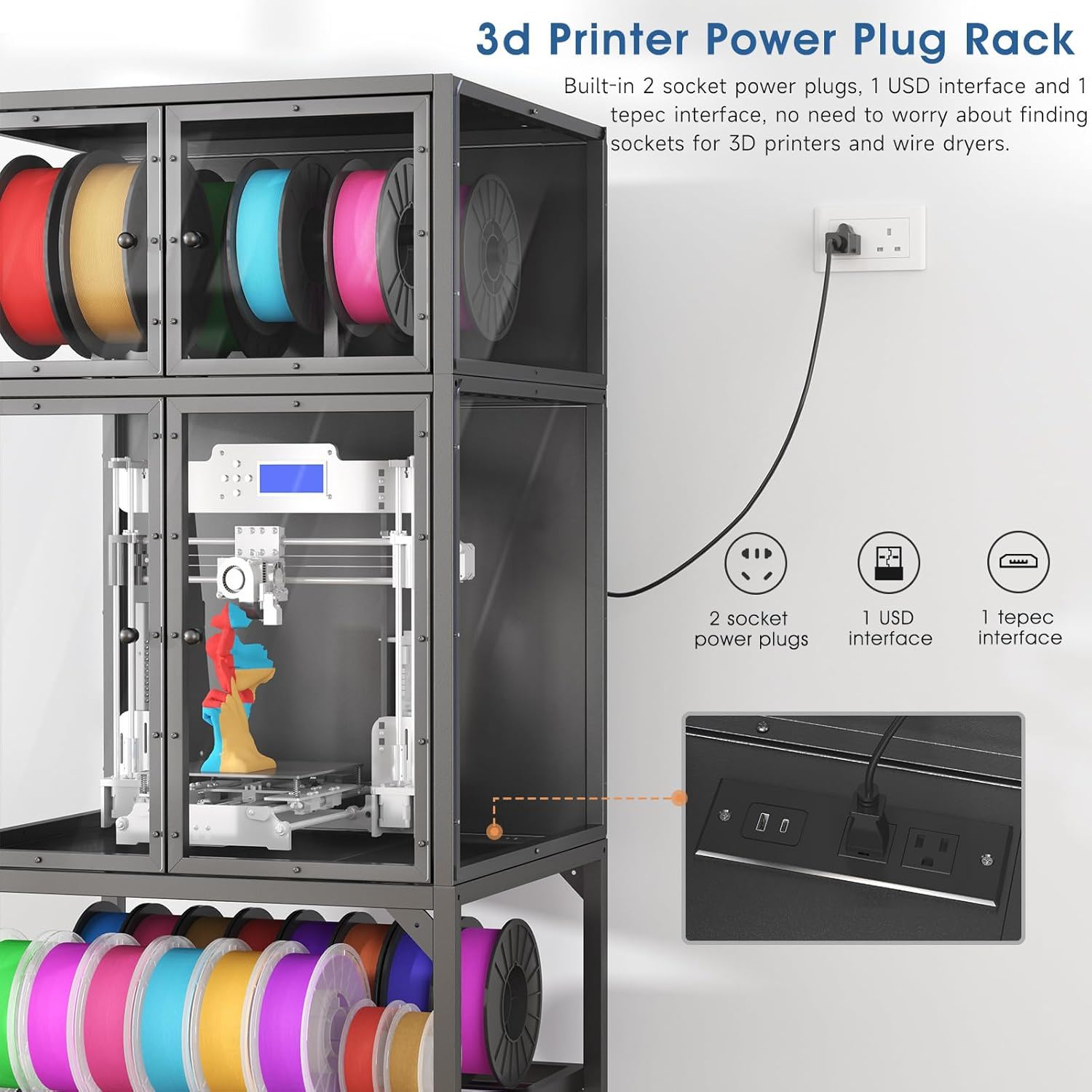 3D Printer Cabinet With Double Layer Filament Storage, Noise Reducing Design - Black