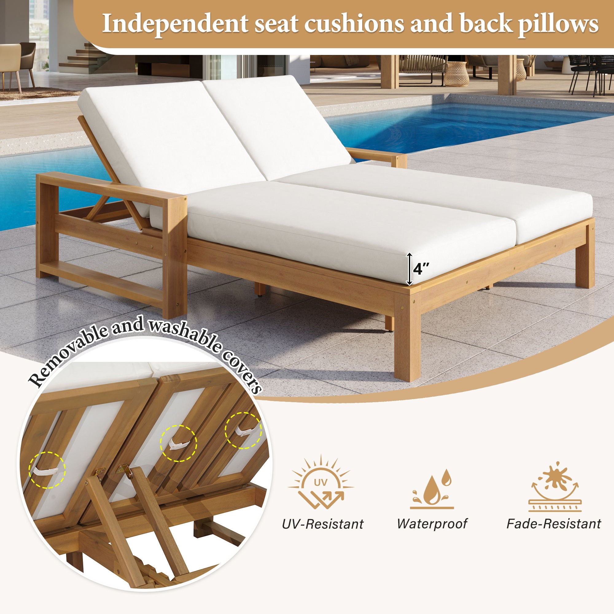 Outdoor Double Lounge Chair With 5 Position Adjustable Backrest