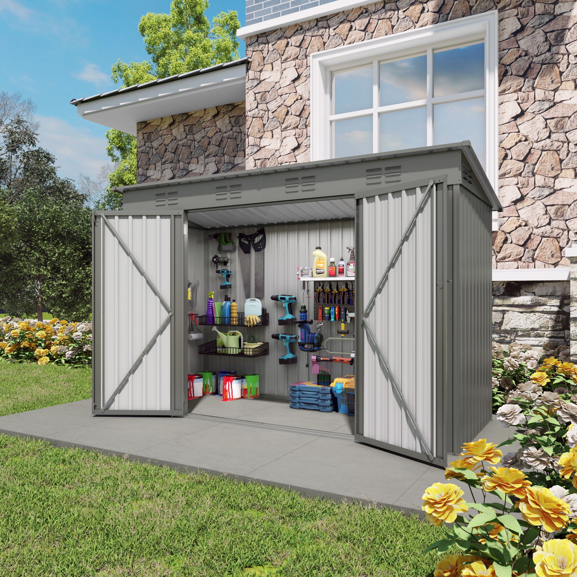 Outdoor Storage Shed, Tool House With Sloping Roof, 6 Vents And 2 Swing Doors For Backyard - Gray