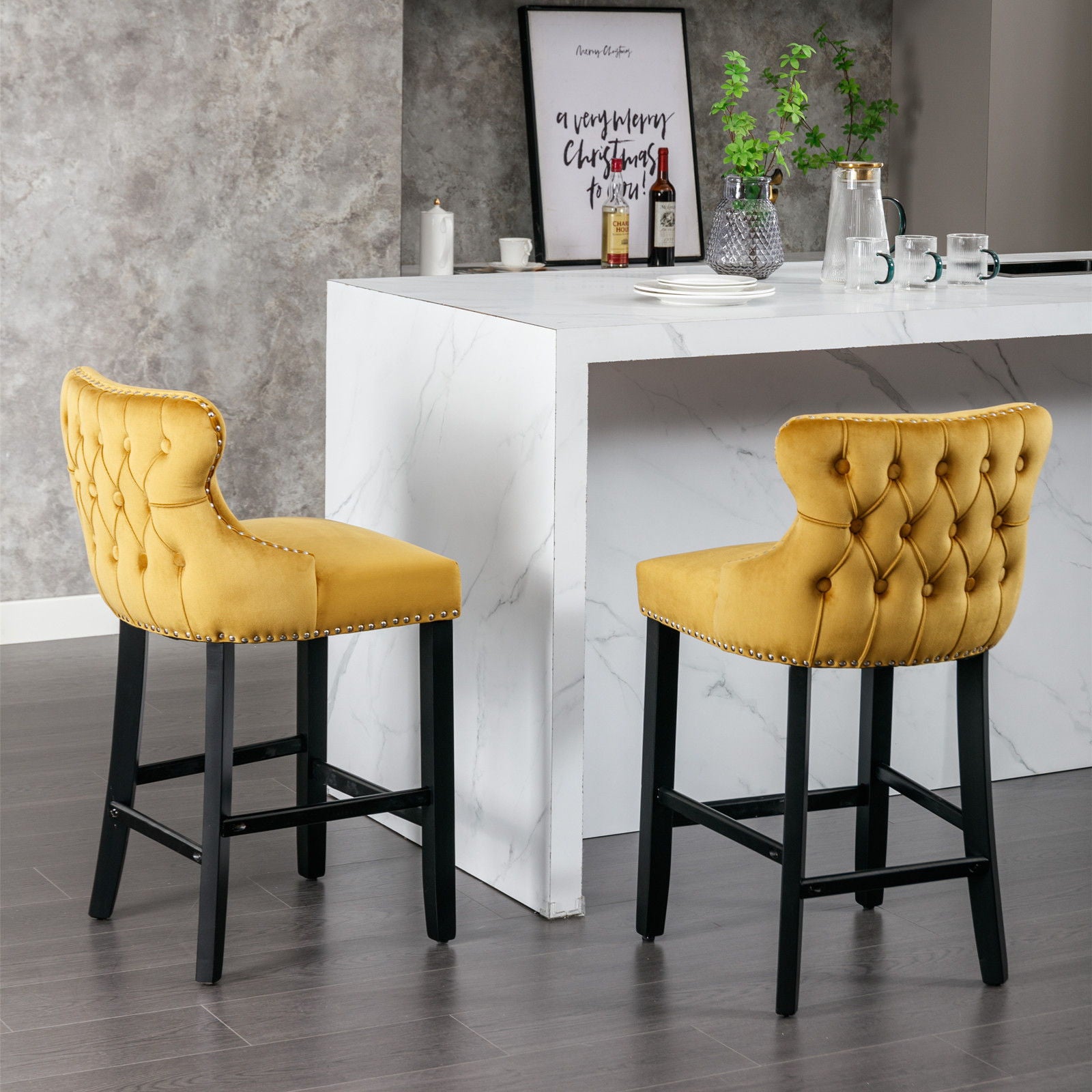 Contemporary Upholstered Wing-Back Barstools With Button Tufted Decoration And Wooden Legs, And Nailhead Trim, Leisure Style Bar Chairs, Bar Stools (Set of 2)