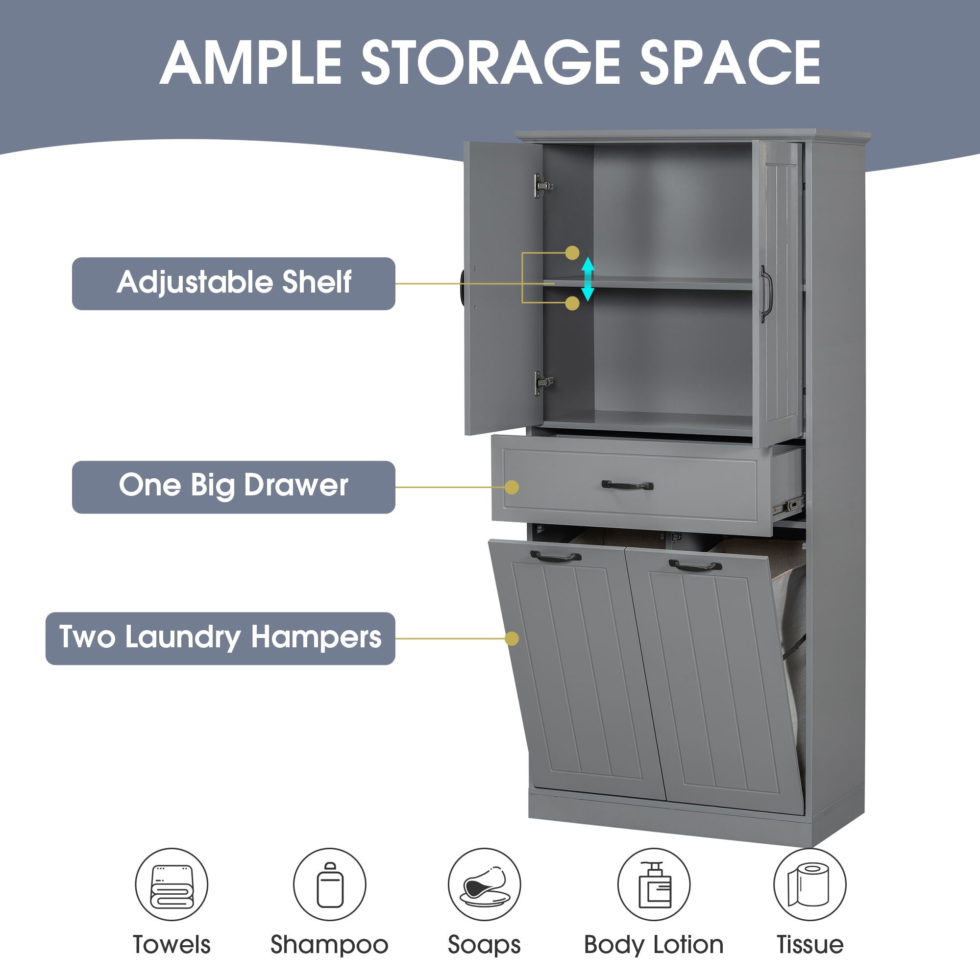 Modern Bathroom Storage Cabinet With Two Laundry Baskets, One Drawer, Adjustable Shelf