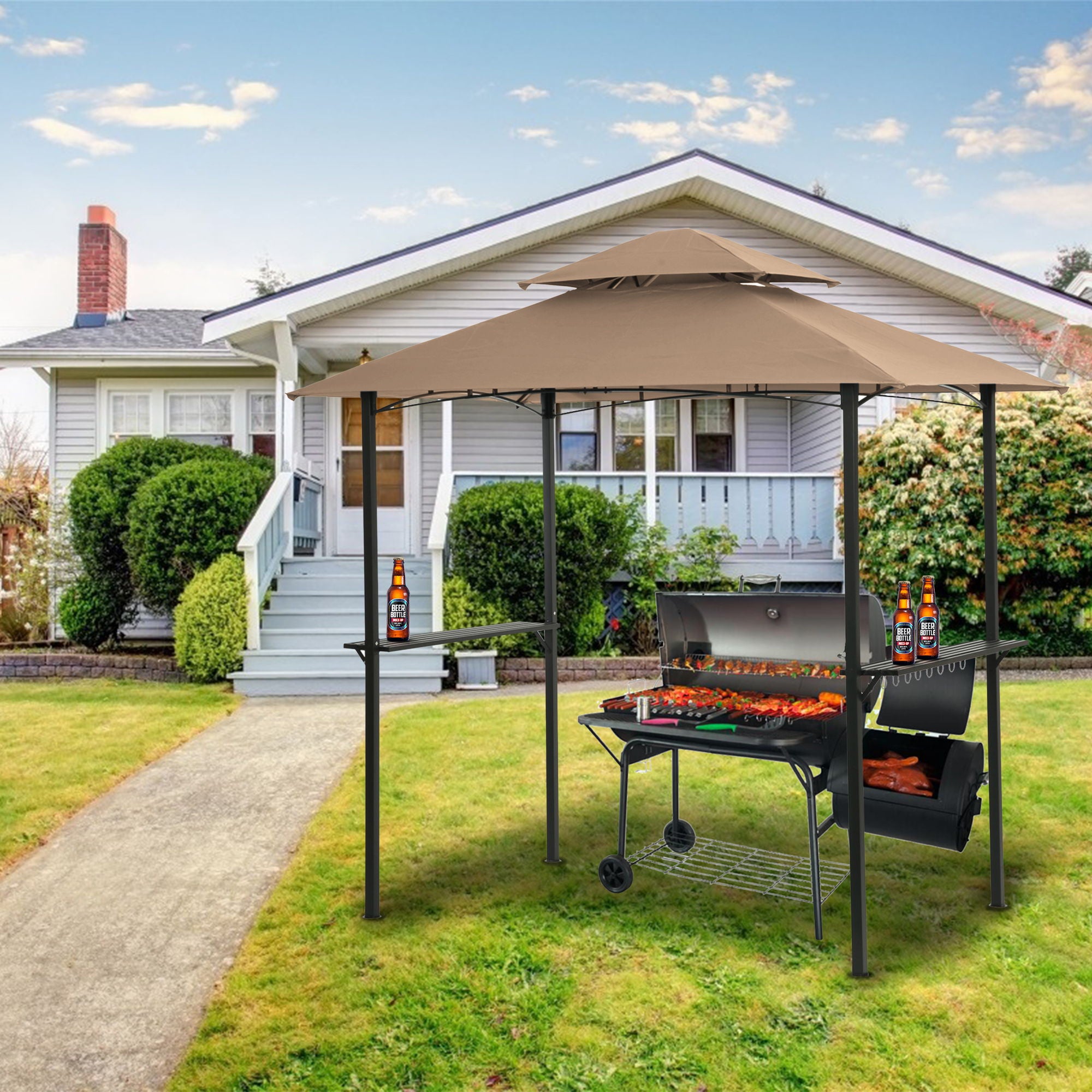Outdoor Grill Gazebo With Double Tier Soft Top Canopy, Steel Frame, Bar Counters & Hook