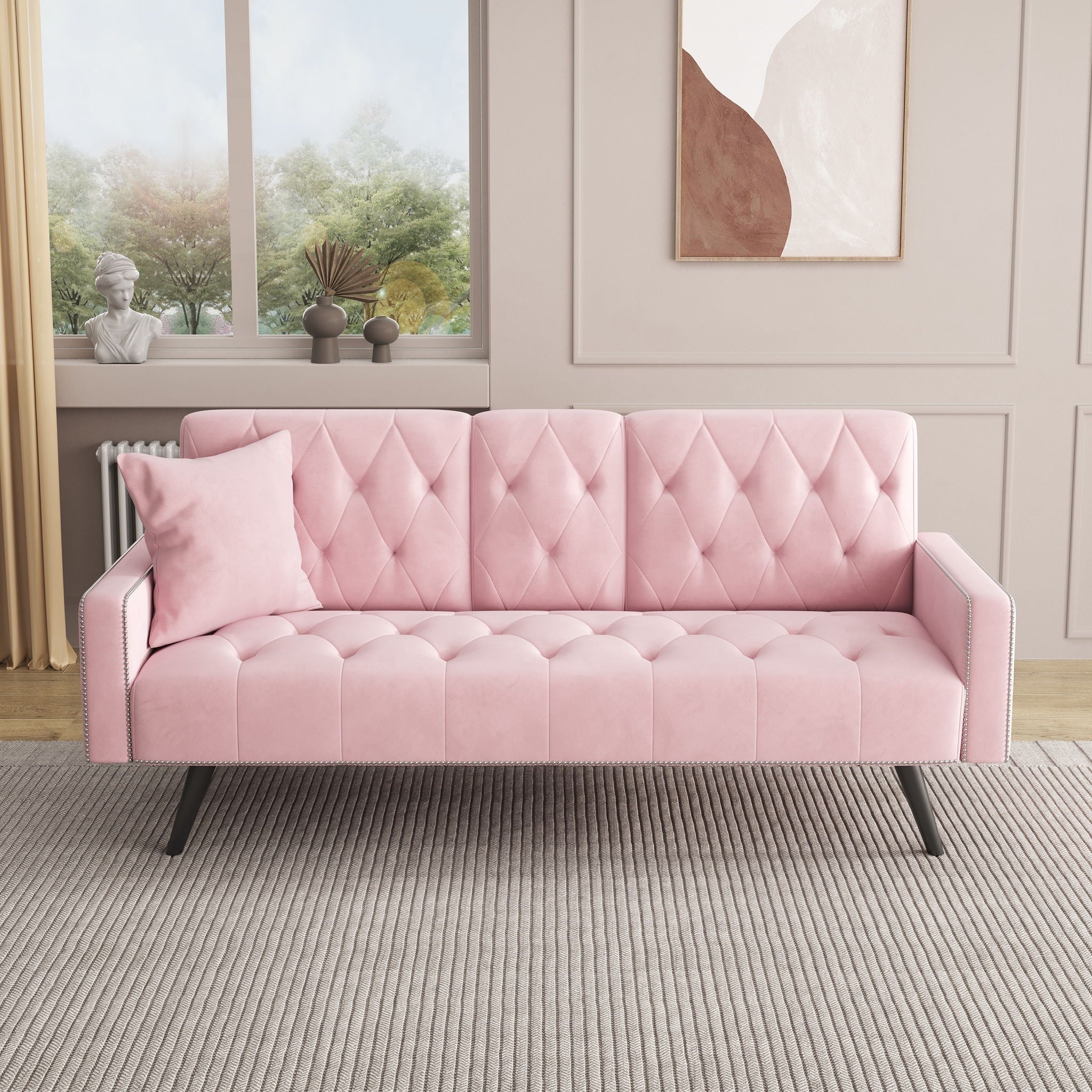 Sofa Bed With Nail Head Trim And Cup Holders - Pink