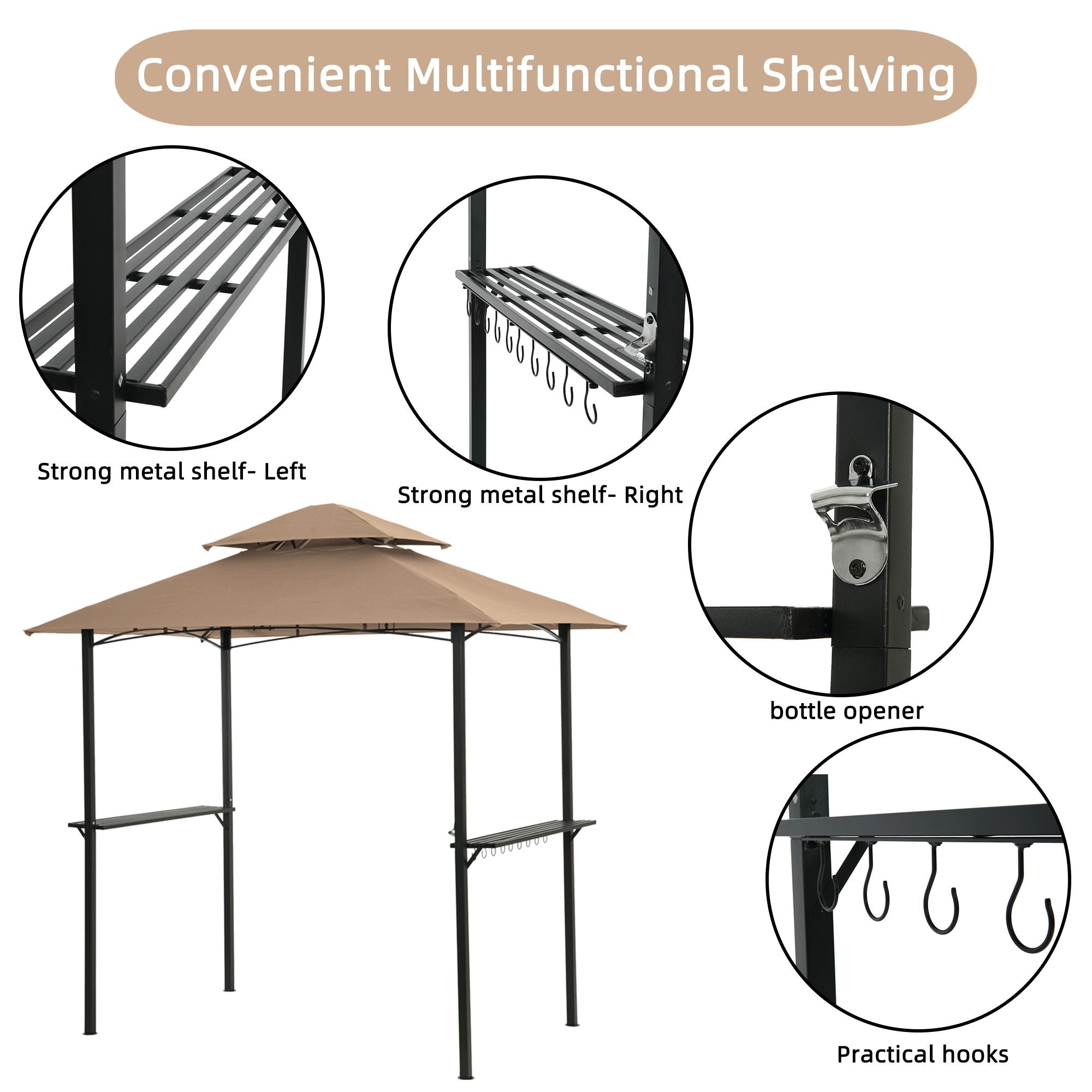 Outdoor Grill Gazebo With Double Tier Soft Top Canopy, Steel Frame, Bar Counters & Hook