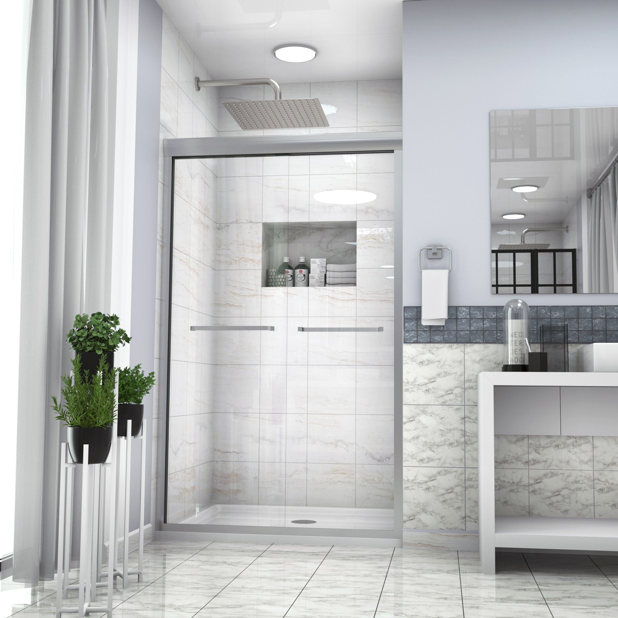 Modern Double Sliding Shower Enclosure, Tempered Glass
