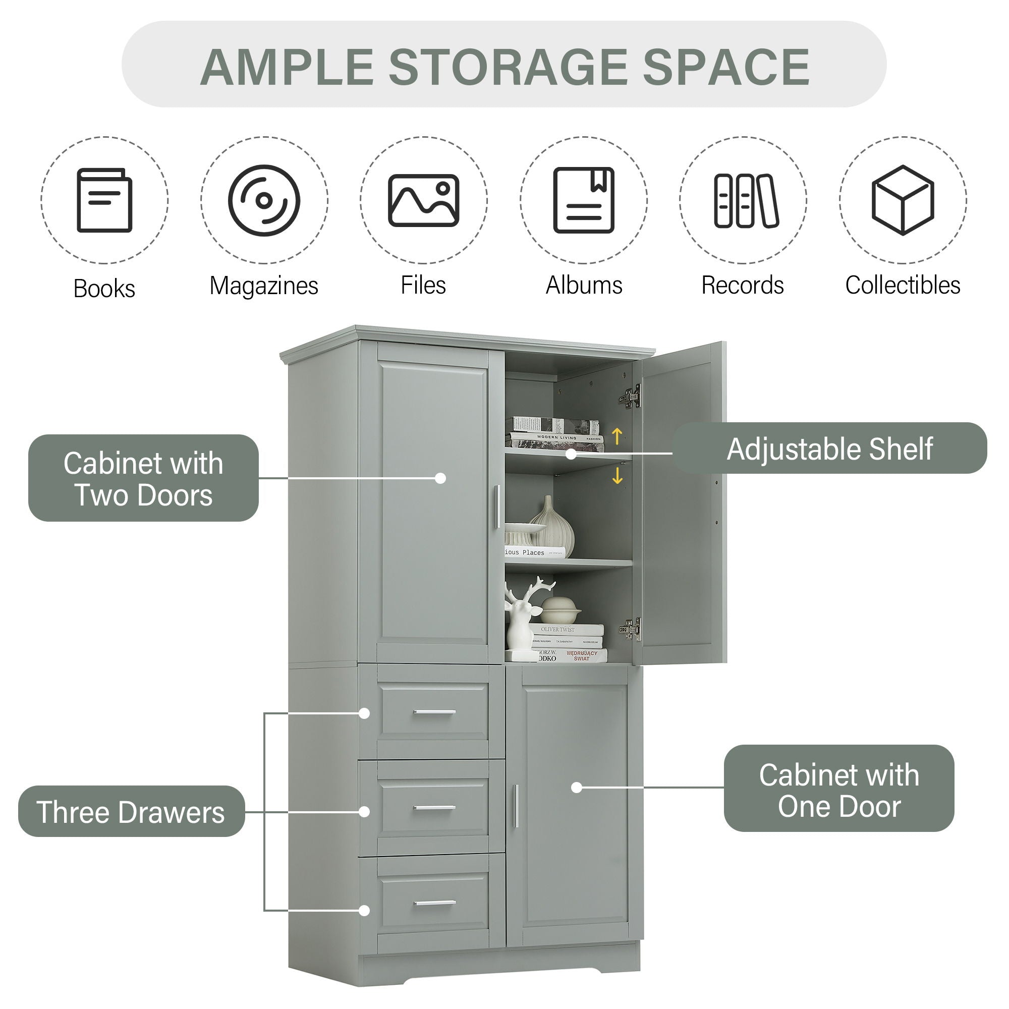 Tall Wide Storage Cabinet With Doors, 3 Drawers