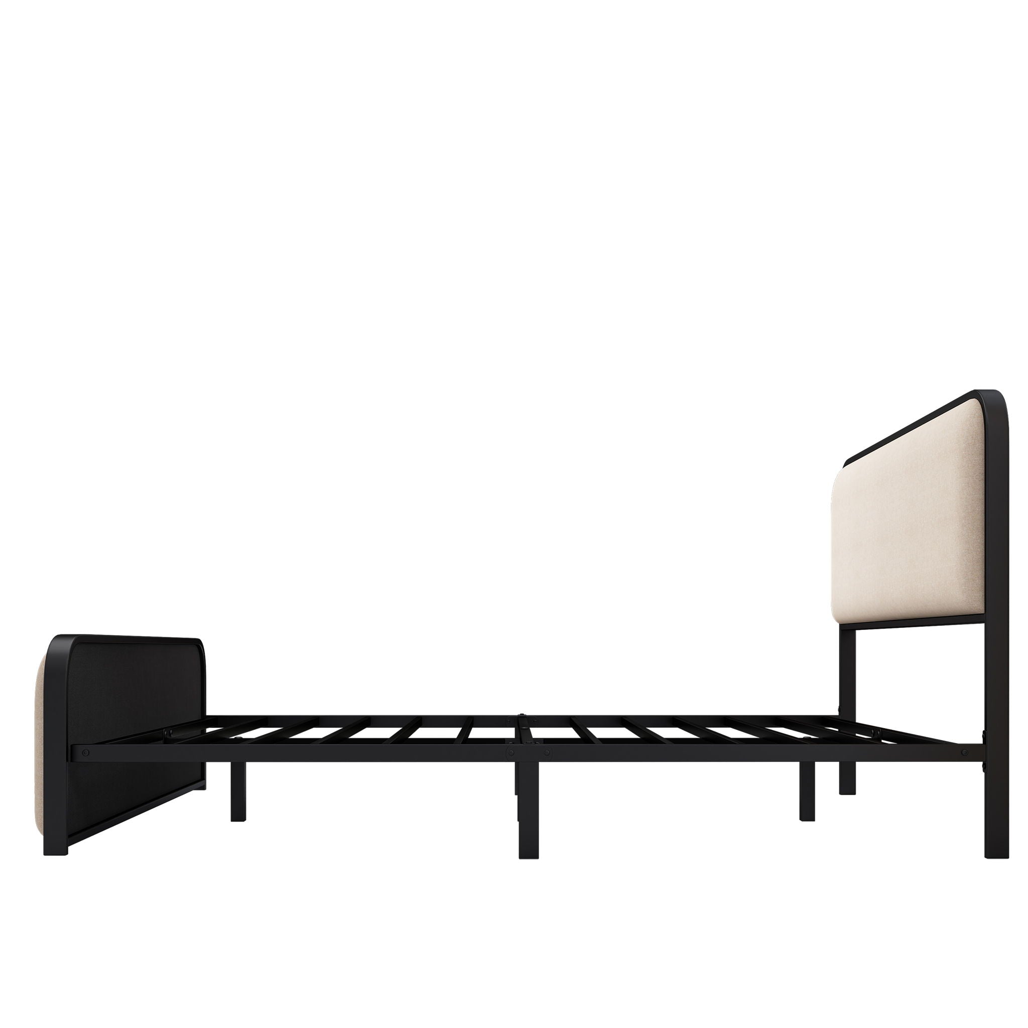 Modern Bed With Curved Upholstered Headboard And Footboard, Heavy Duty Metal Slats