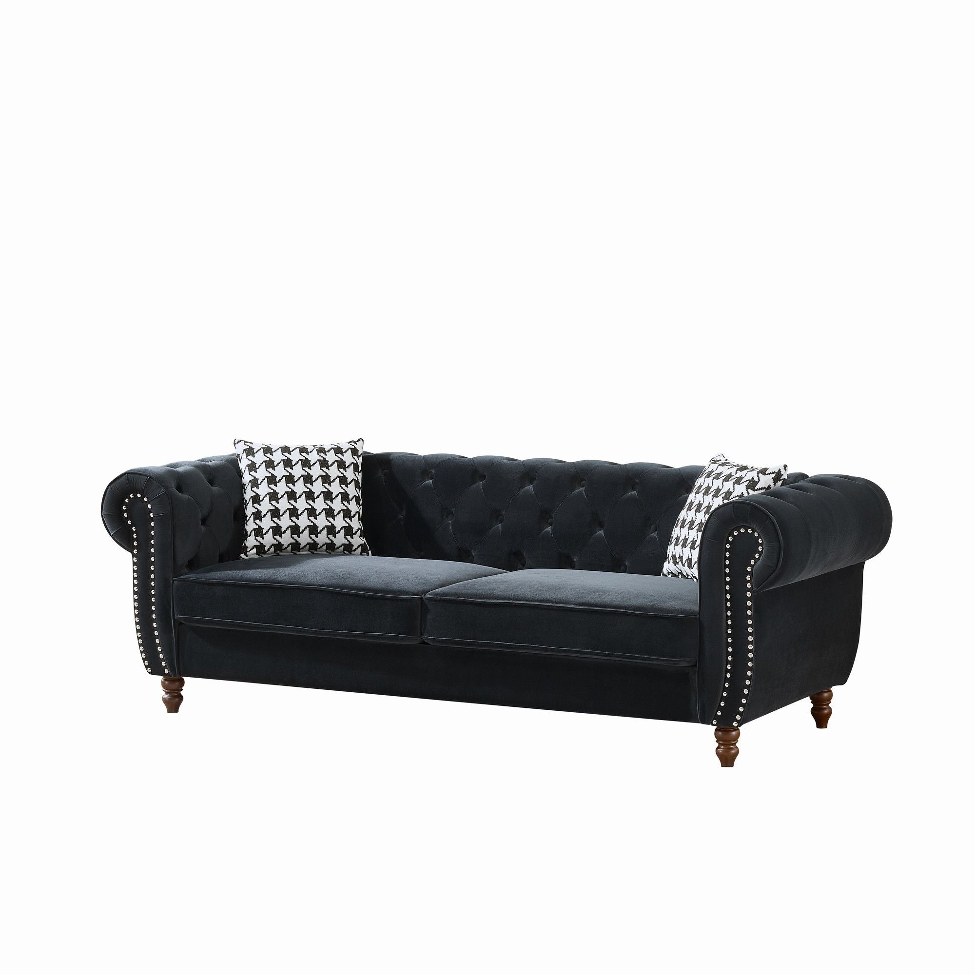 Chesterfield Upholstery Fabric Sofa With Roll Armrest & Nailhead