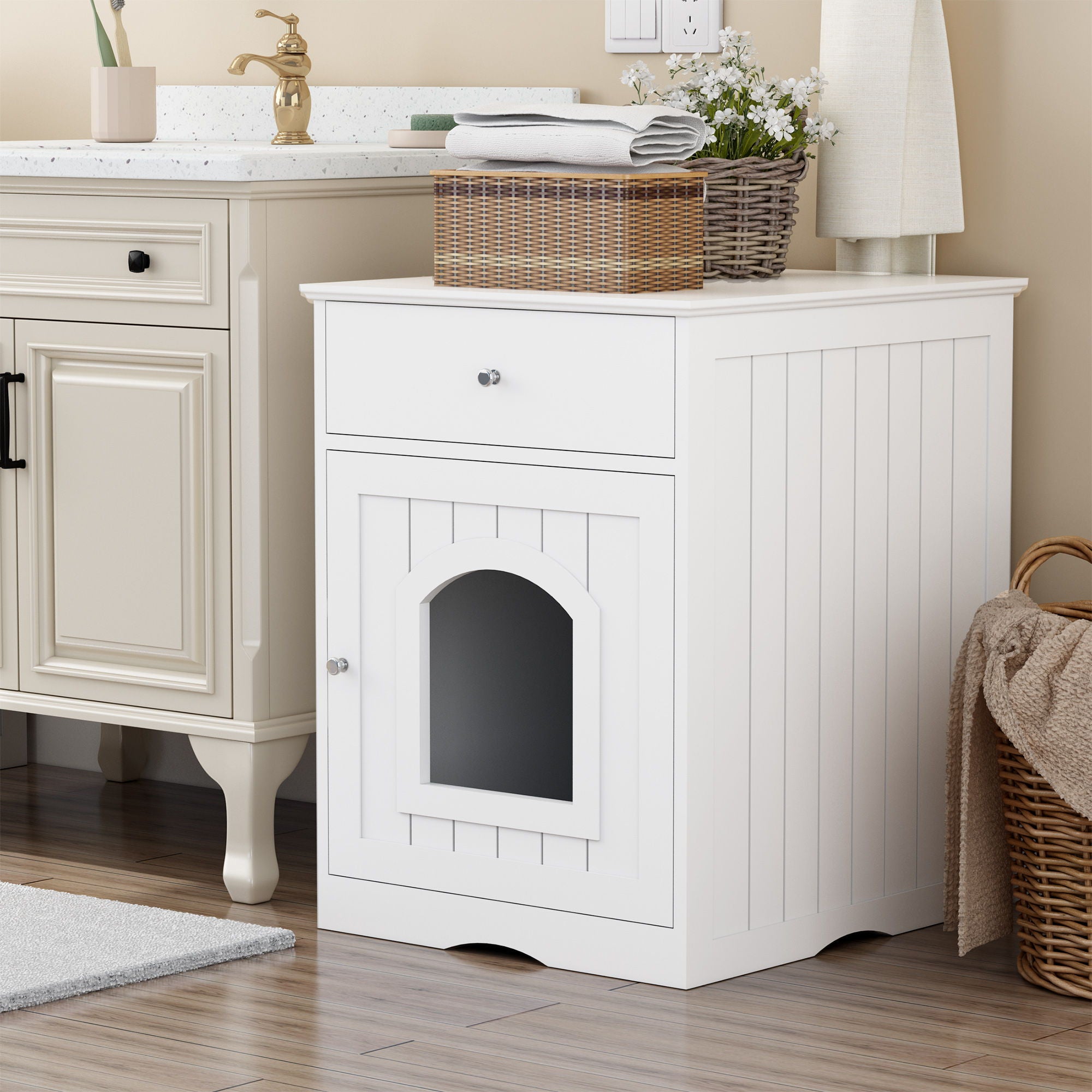 Pet House Cat Litter Box Enclosure With Drawer, Side Table