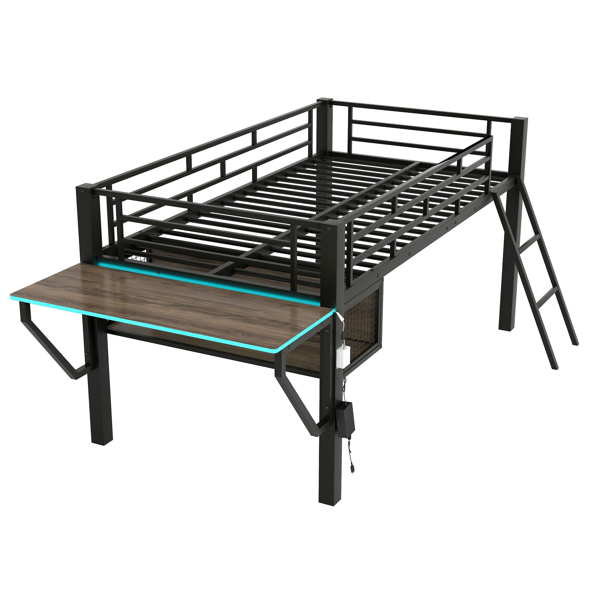 Gaming - Twin Loft Bed With Desk And LED - Black