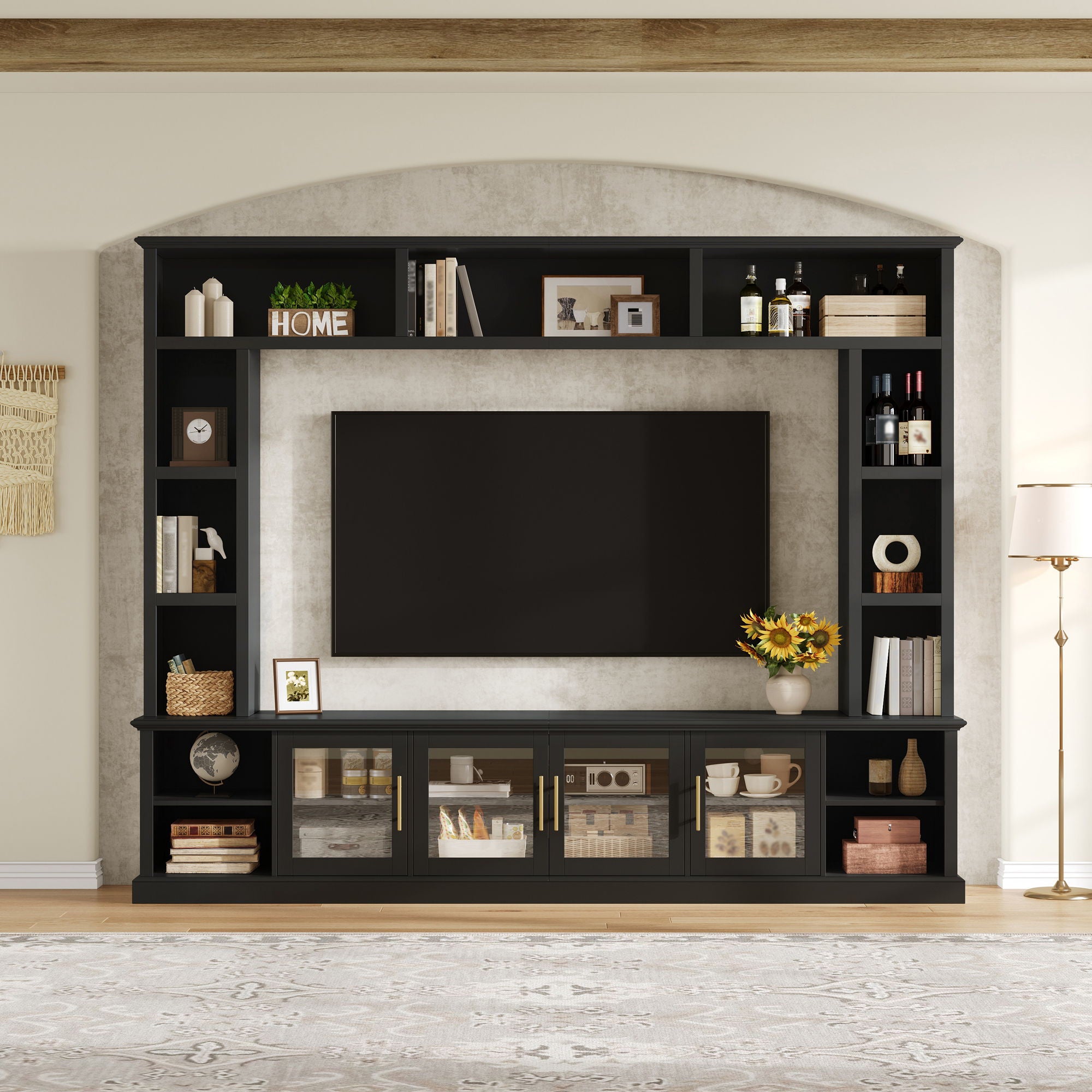 All-In-One Entertainment Center With Bookshelves & Tempered Glass Doors, TV Console Unit For Living Room