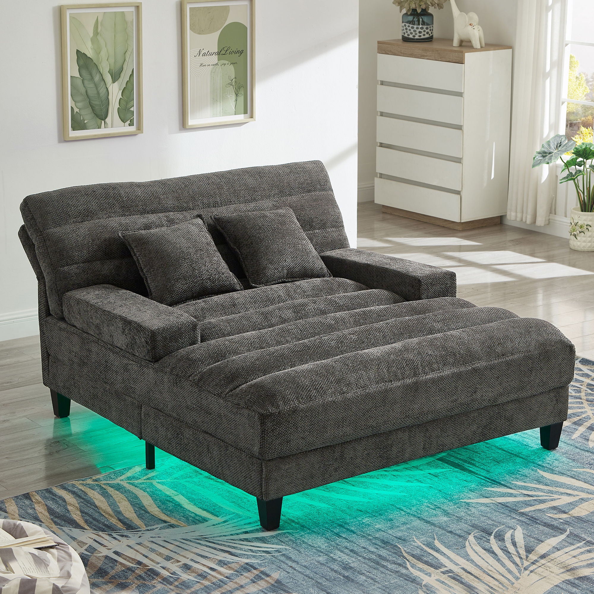 Chaise Bed Lounge Sofa Chair With Adjustable Backrest And LED Light Strip