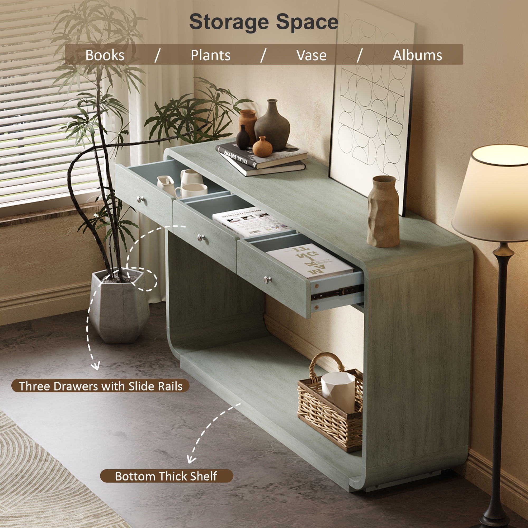 onsole Table With 3 Drawers And Display Shelf