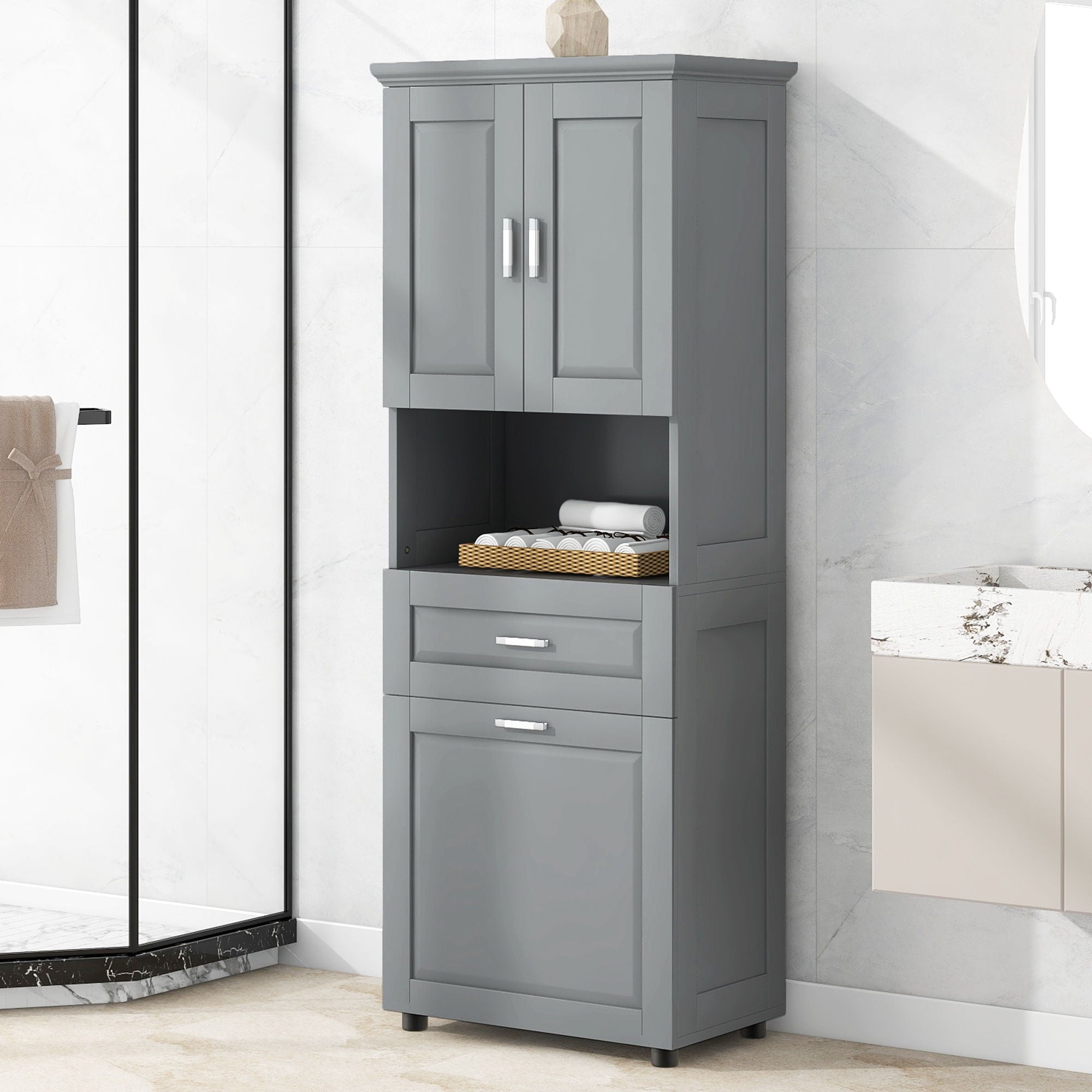 Tall Bathroom Cabinet With Tilt-Out Laundry Basket And Upper Storage