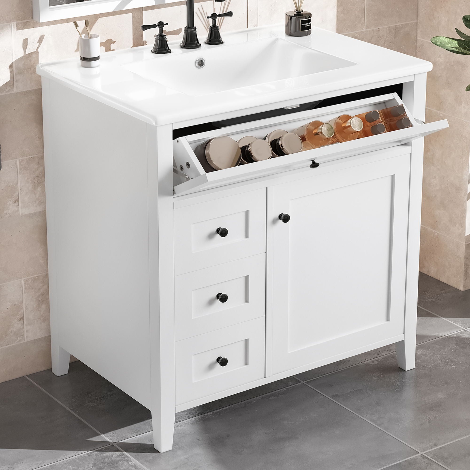 Modern Bathroom Vanity With Sink, 3 Drawers And Adjustable Shelf
