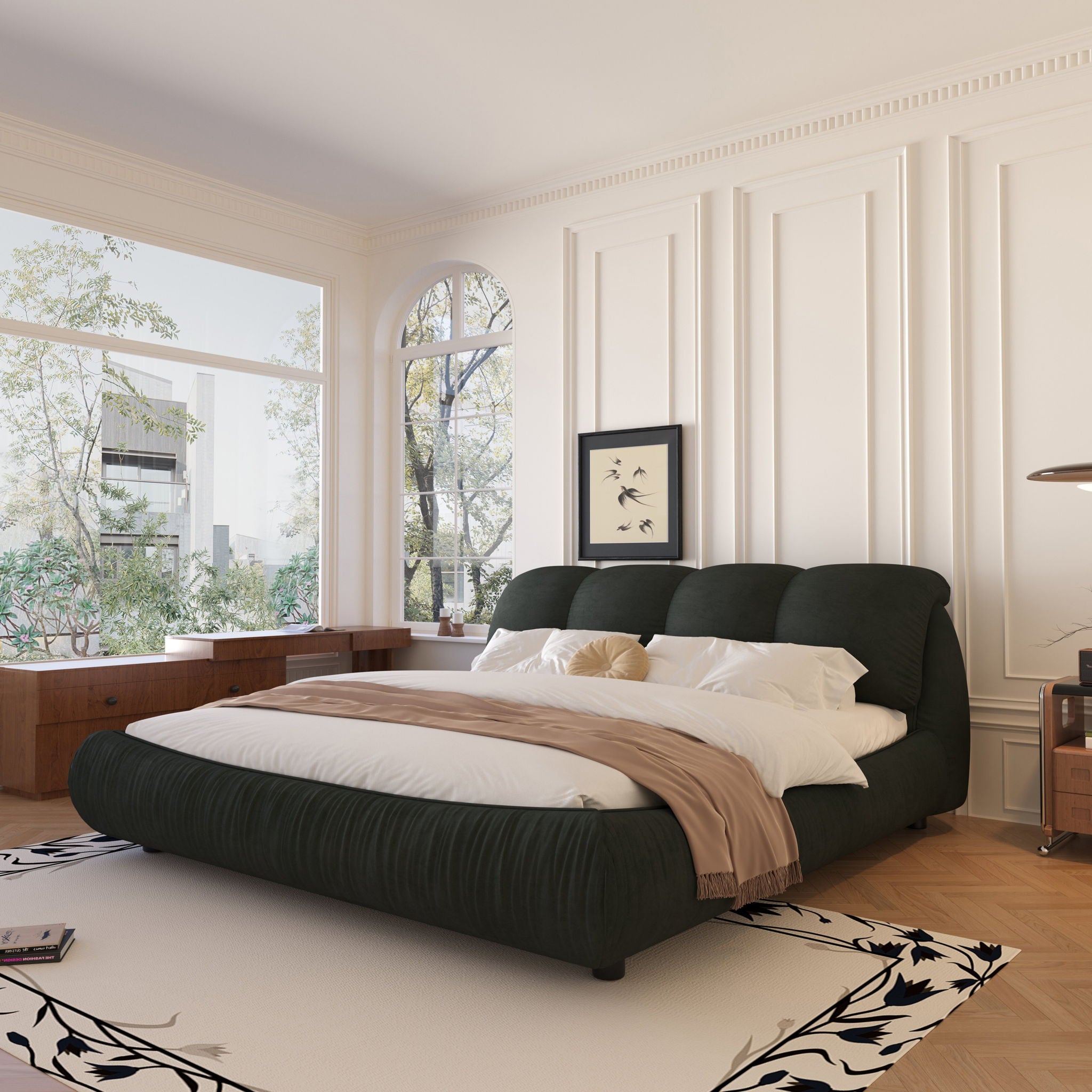 Luxury Upholstered Platform Bed With Oversized Padded Backrest And Solid Wood Frame