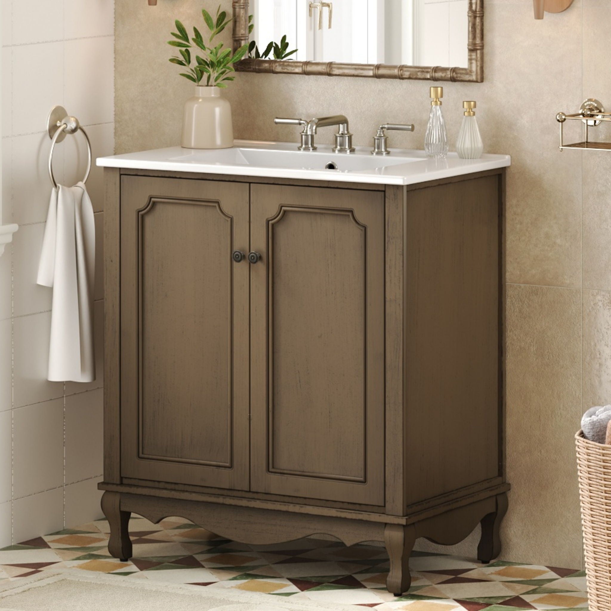 Vintage Bathroom Vanity With Ceramic Sink, Adjustable Shelves