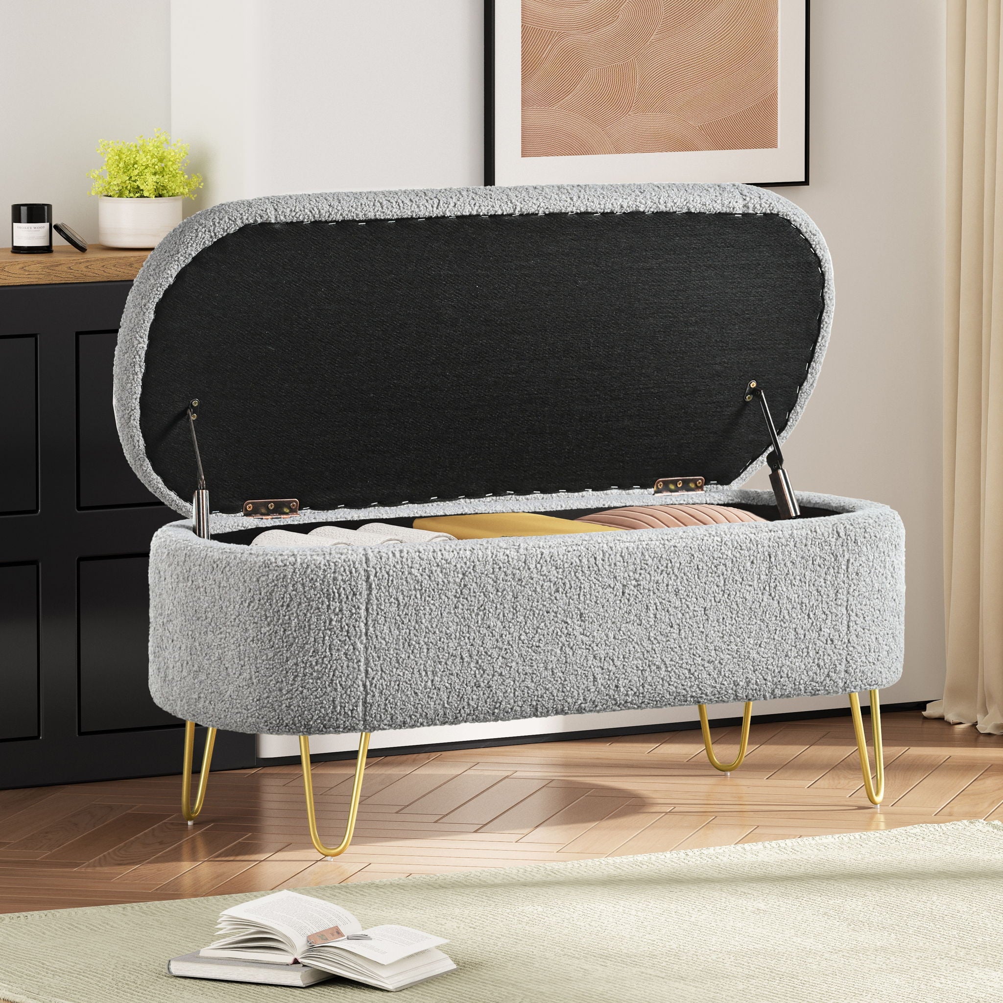 Upholstered Oval Storage Bench For Living Room
