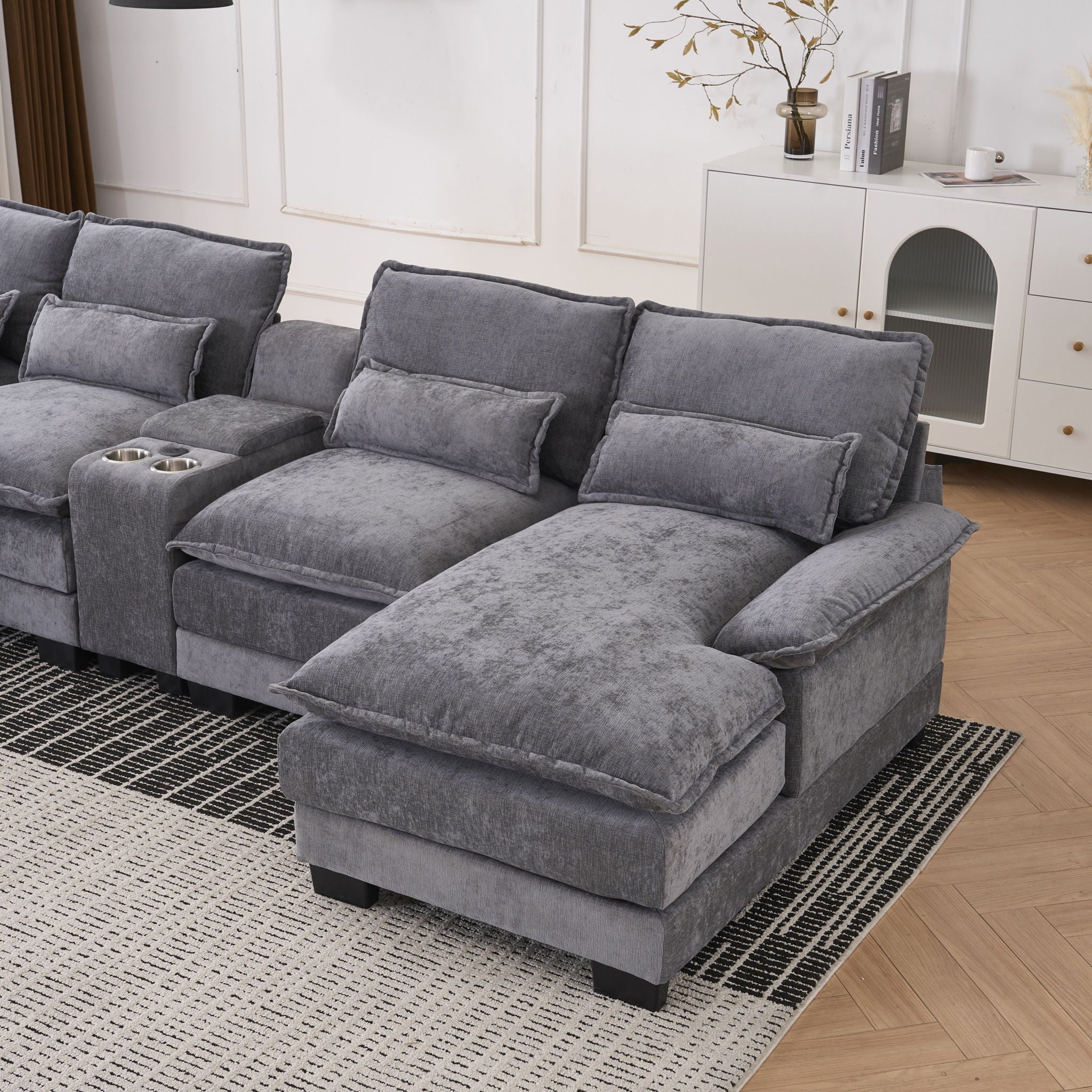 U Shaped Sofa With Console, Cupholders, USB Ports, 6 Seat, Bronzing Suede &