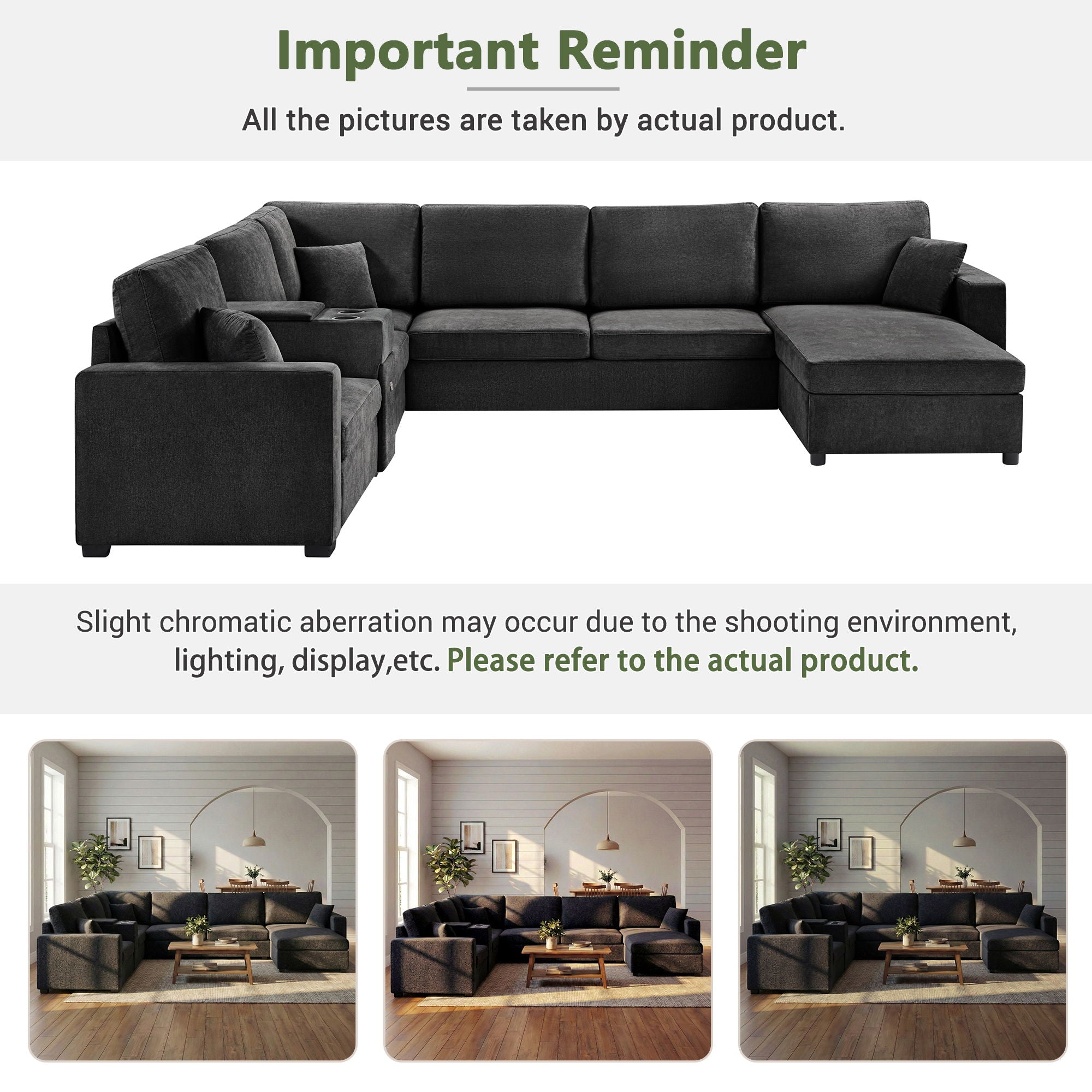 Modular 5 Seat U-Shape Sectional Sofa With Chaise Lounge, Built In Cup Holders And Storage Drawer